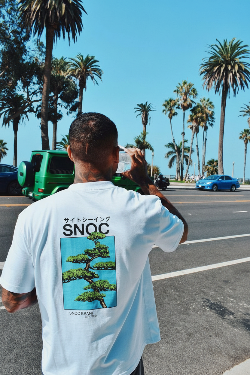 Camiseta Bonsai de SNOC vista por la espalda con el arbol bonsai estampado, en una avenida con palmeras