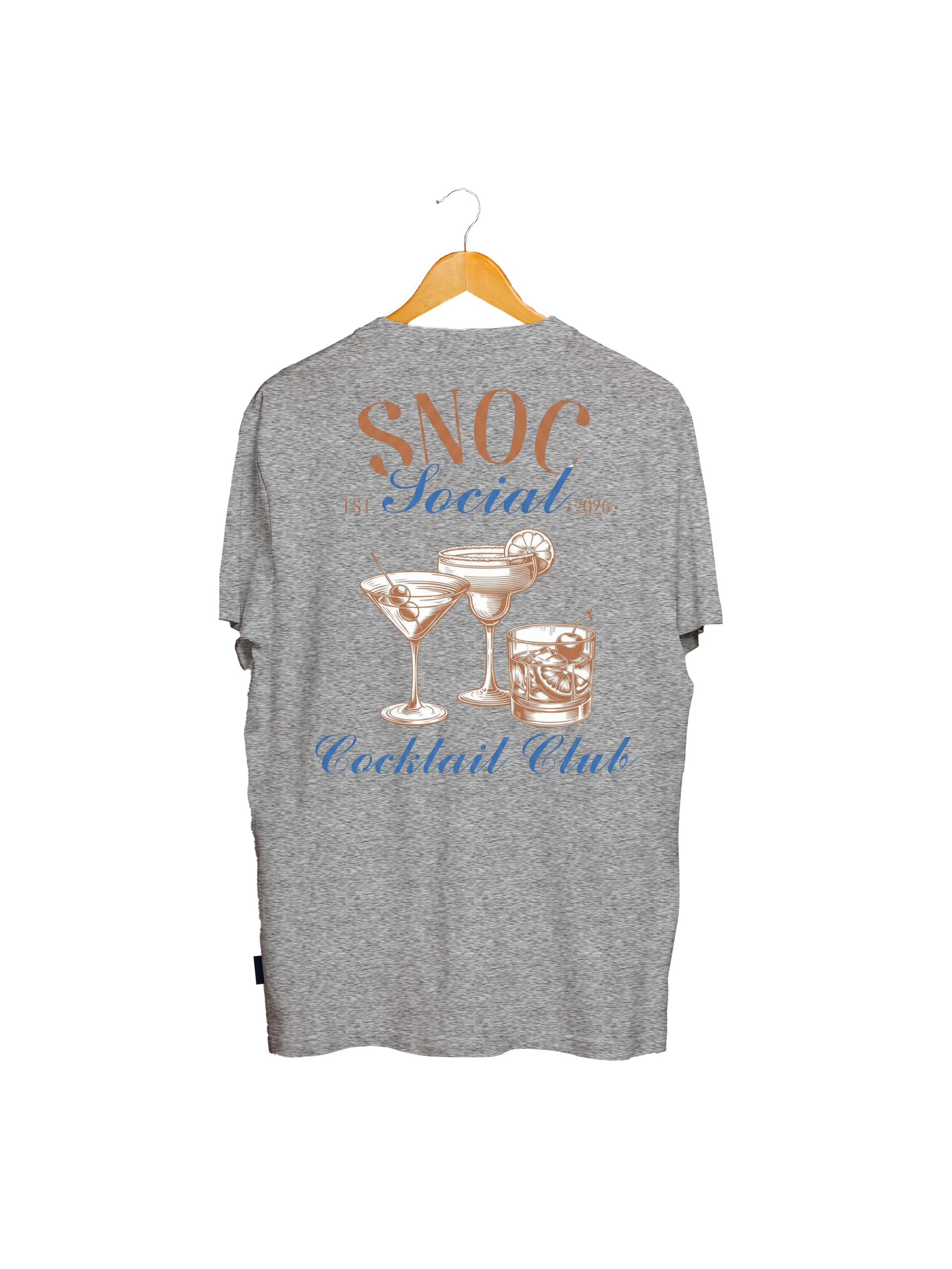 Camiseta Cocktail Club SNOC color Gris Claro, vista trasera con el diseño Cocktail Club, fondo transparente