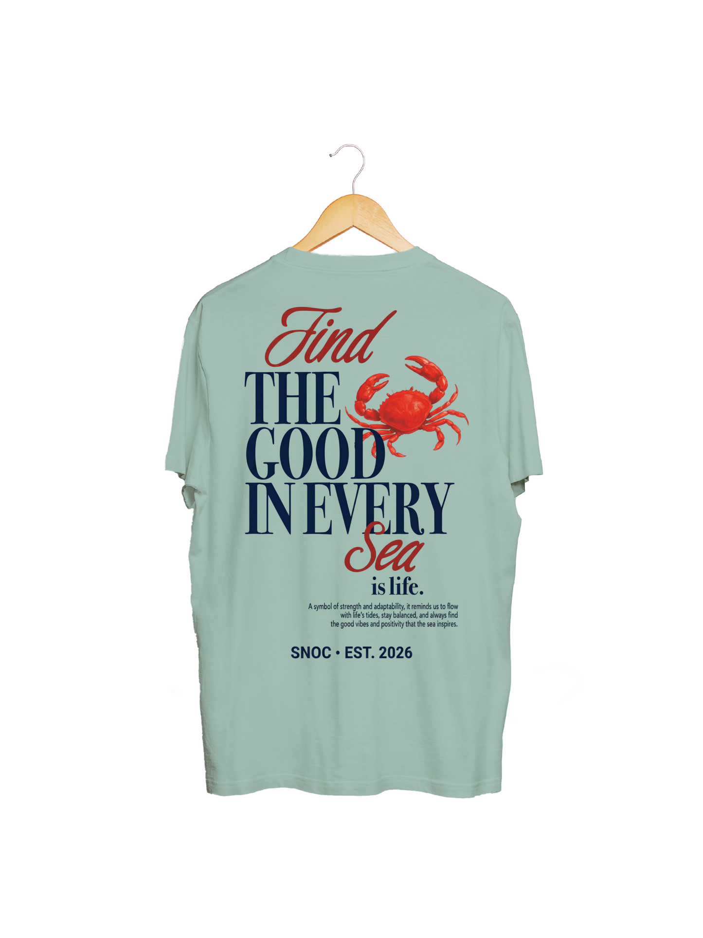 Camiseta Crab and Sea SNOC aguamarina, vista trasera con el cangrejo rojo, fondo transparente