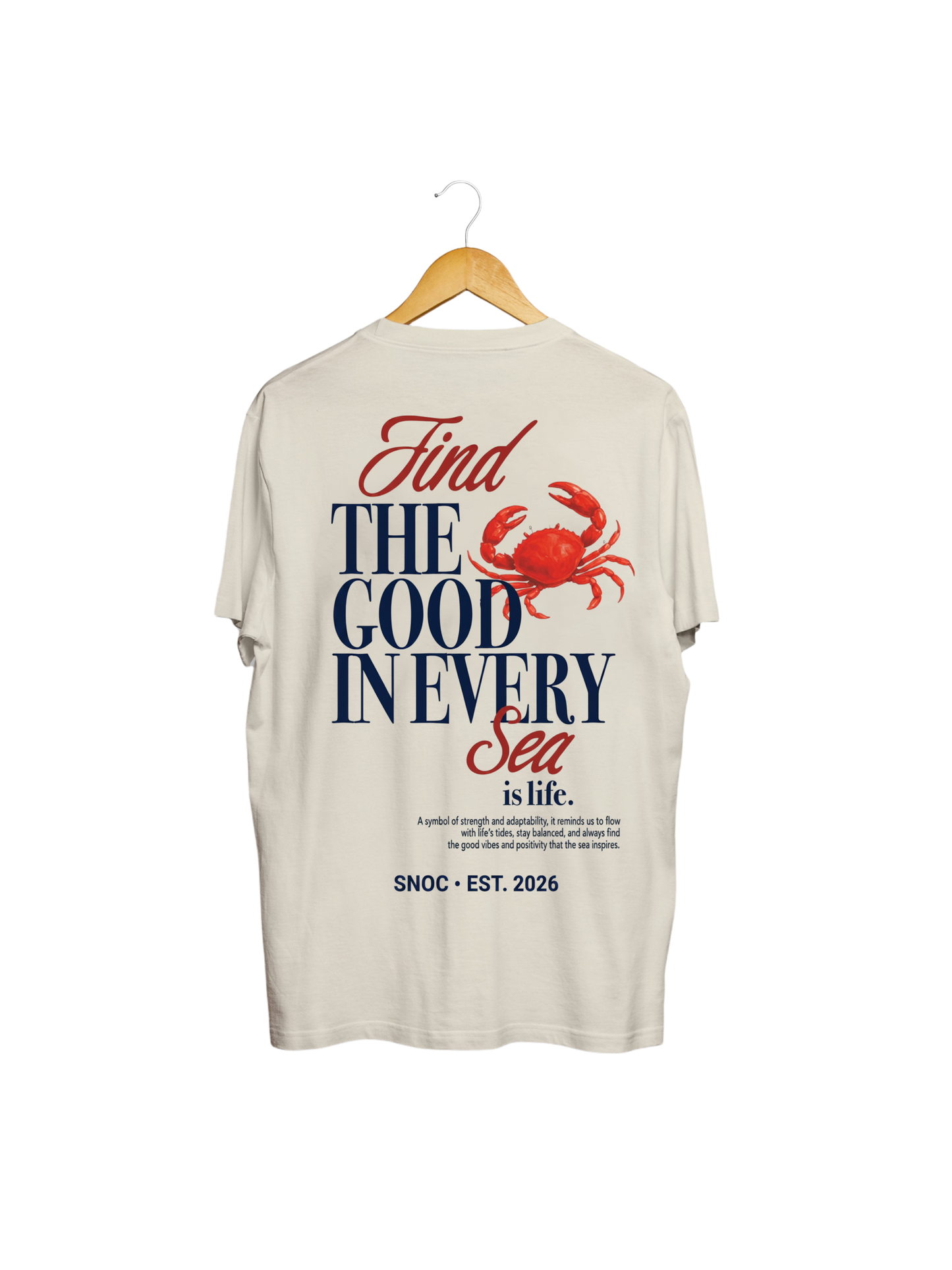 Camiseta Crab and Sea SNOC color arena, vista trasera con el cangrejo rojo, fondo transparente