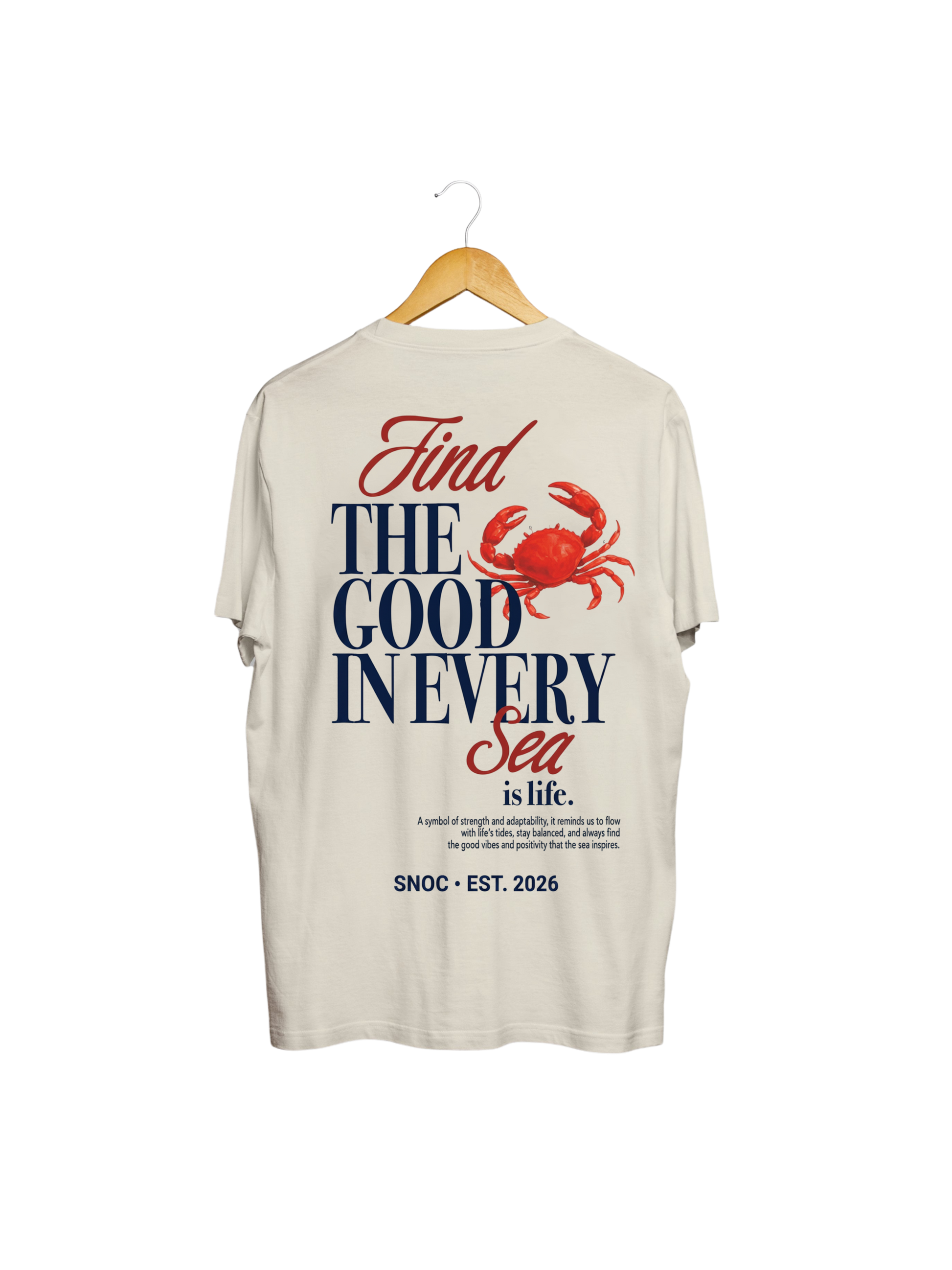 Camiseta Crab and Sea SNOC color arena, vista trasera con el cangrejo rojo, fondo transparente