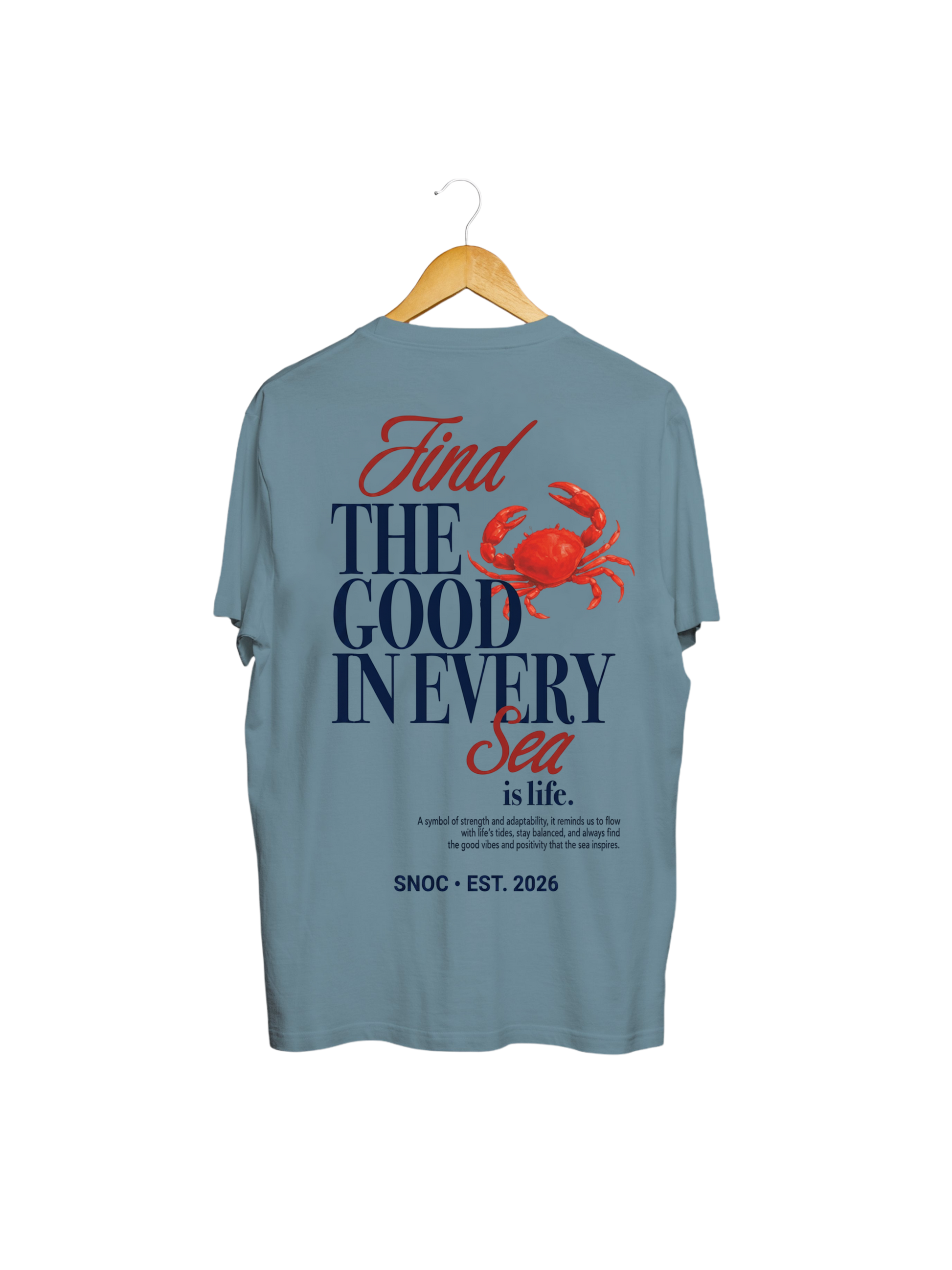 Camiseta Crab and Sea SNOC azul denim, vista trasera con el cangrejo rojo, fondo transparente
