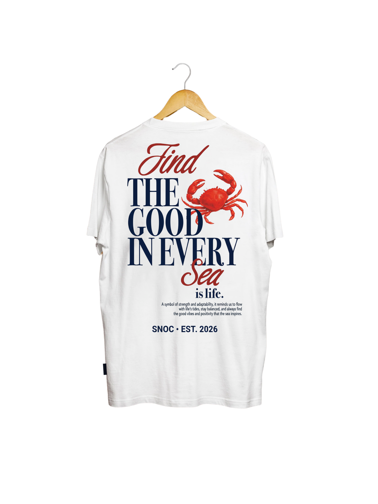 Camiseta Crab and Sea SNOC blanca, vista trasera con el cangrejo rojo, fondo transparente