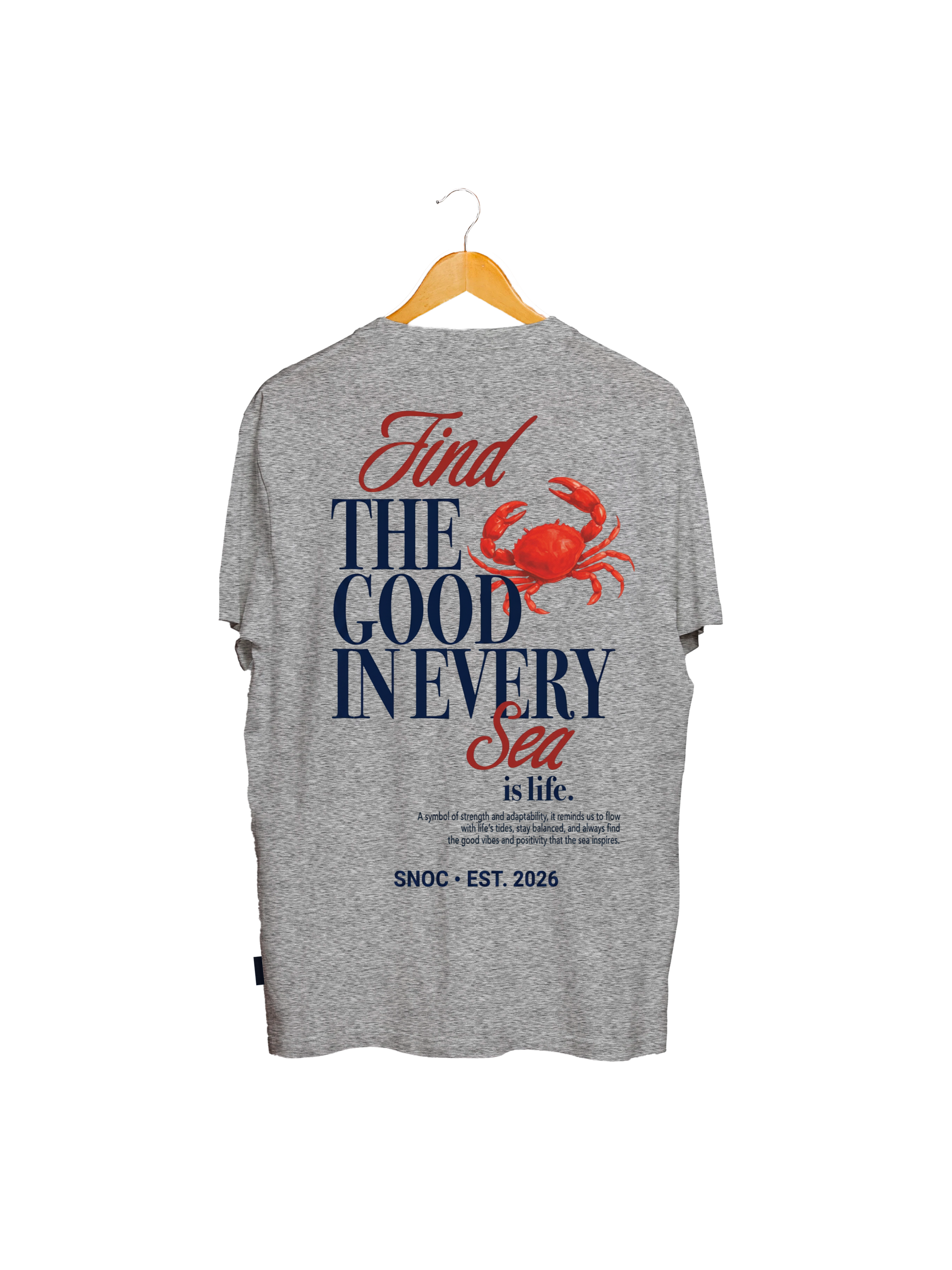 Camiseta Crab and Sea SNOC gris claro, vista trasera con el cangrejo rojo, fondo transparente