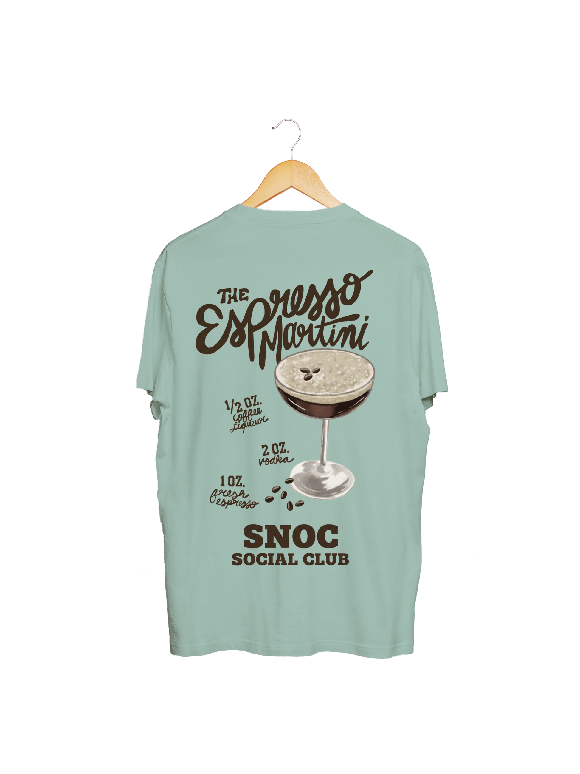 Camiseta Espresso Martini SNOC aguamarina, vista trasera con la receta del cóctel, fondo transparente