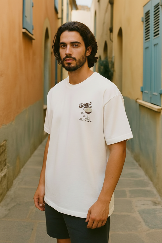 Chico con la camiseta Espresso Martini de SNOC en color crudo, vista frontal con la copa estampada en el pecho, en un callejón mediterráneo