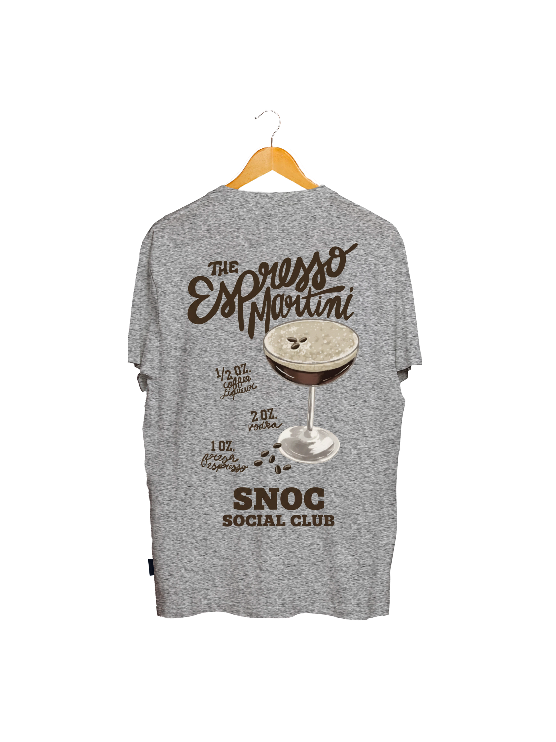 Camiseta Espresso Martini SNOC gris claro, vista trasera con la receta del cóctel, fondo transparente