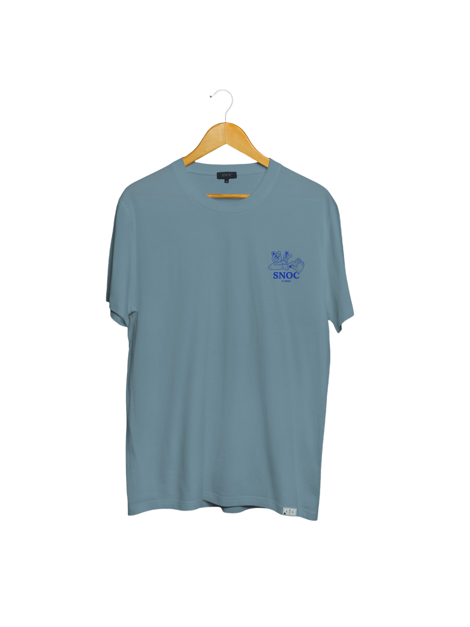 Camiseta Funny Bear SNOC color Azul Denim, vista frontal con el oso ilustrado, fondo transparente