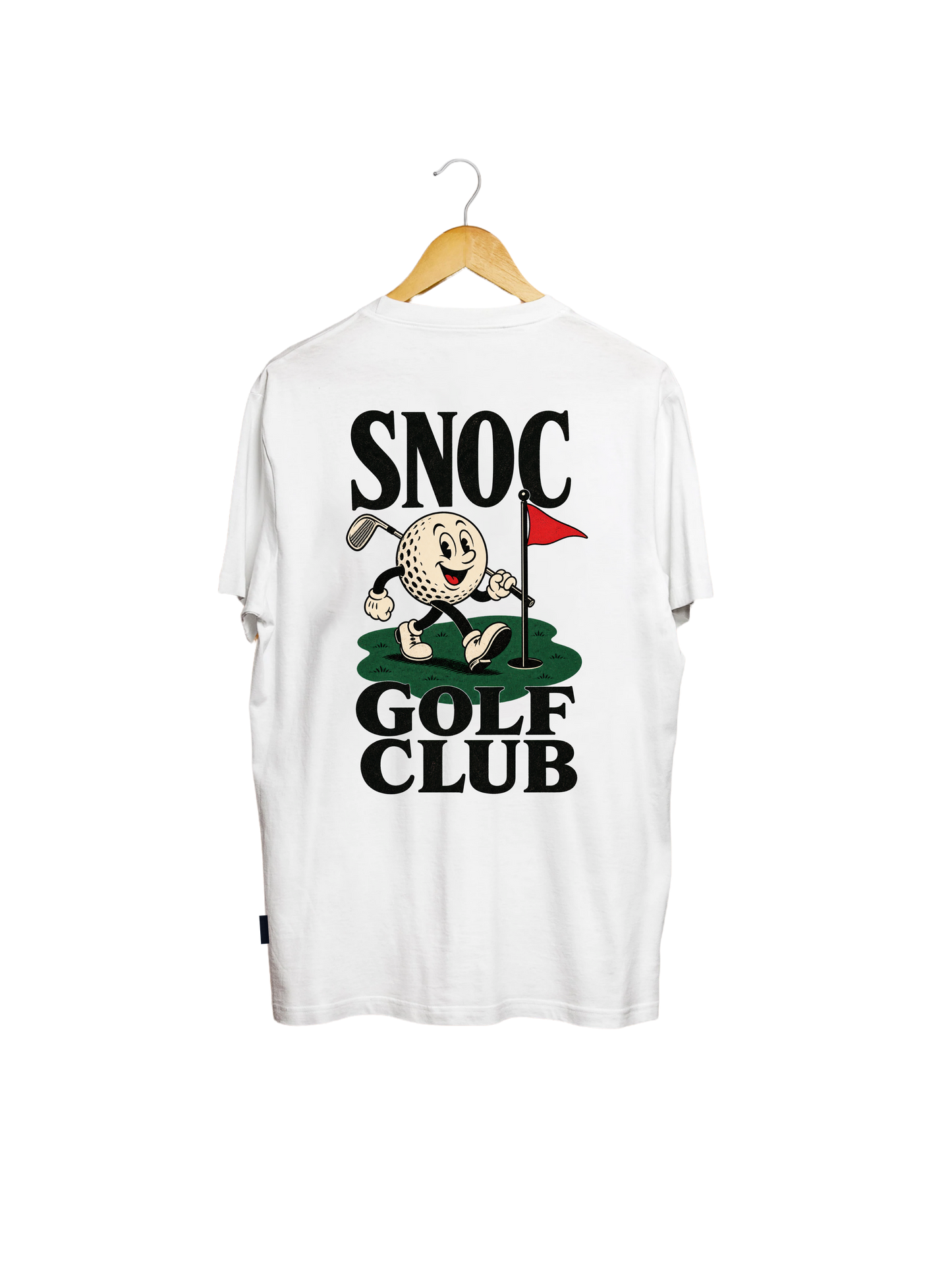 Camiseta Golf Club SNOC blanca, vista trasera con la mascota de la bola de golf y el lettering SNOC Golf Club, fondo transparente