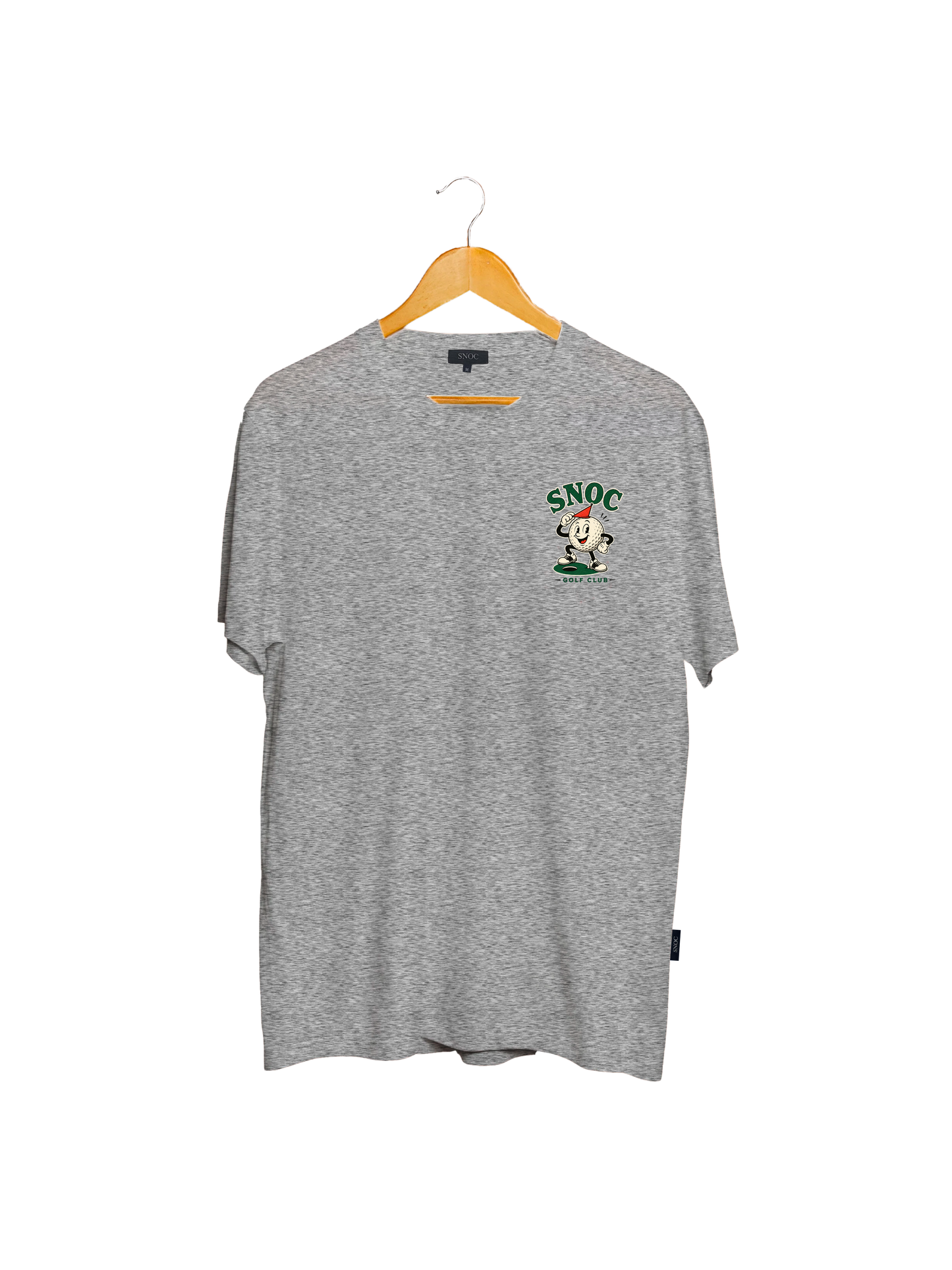 Camiseta Golf Club SNOC gris claro, vista frontal con el sello de la bola de golf en el pecho, fondo transparente