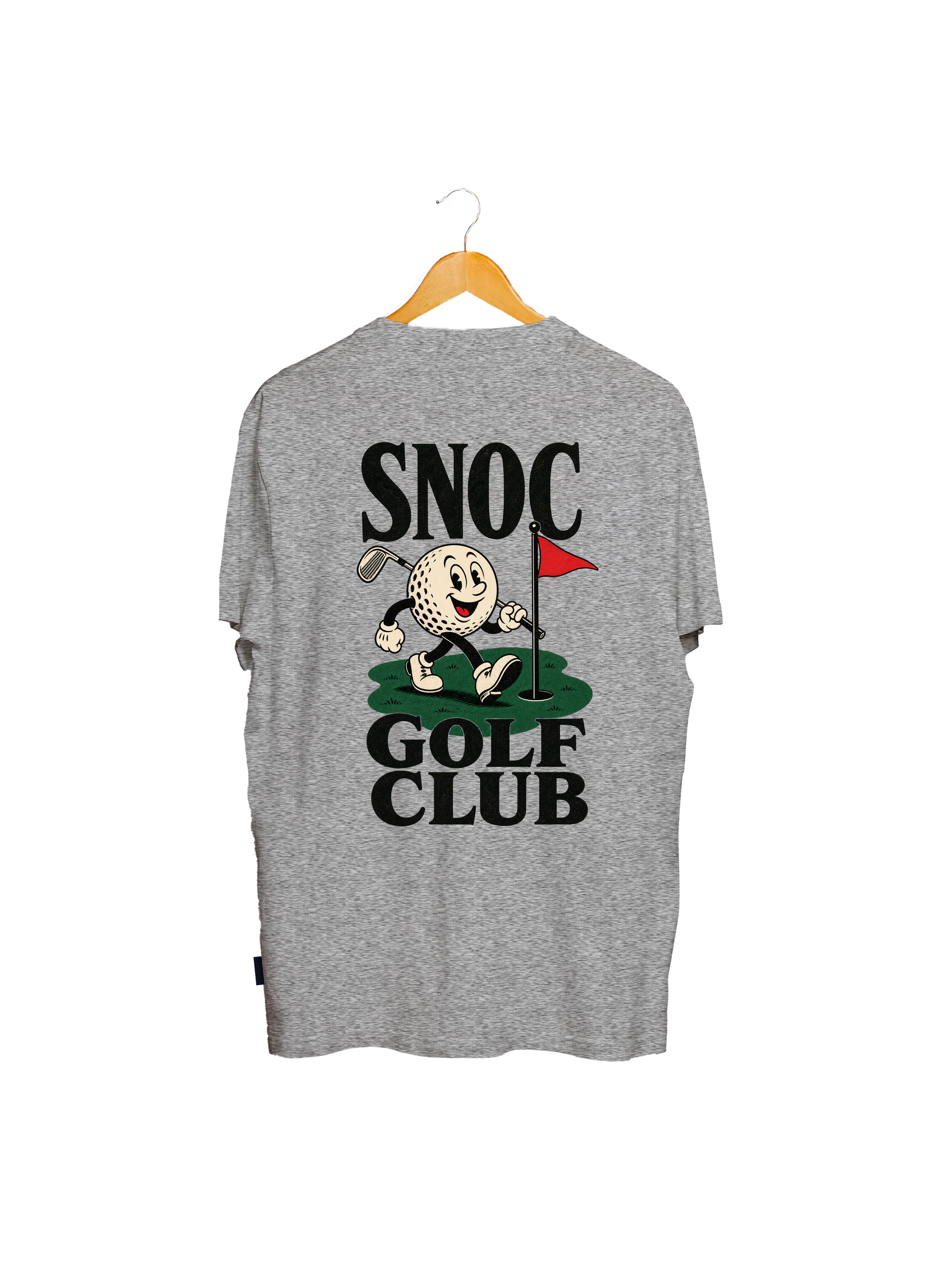 Camiseta Golf Club SNOC gris claro, vista trasera con la mascota de la bola de golf, fondo transparente