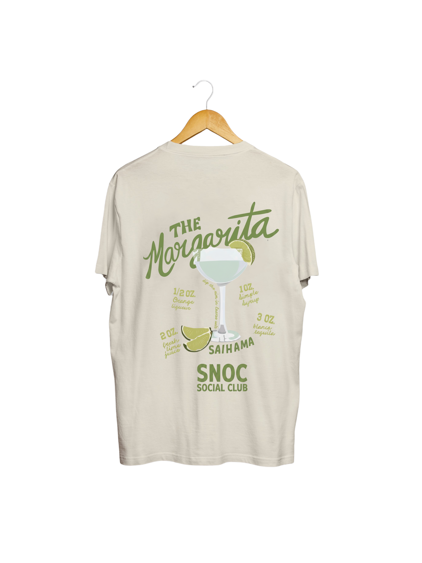 Camiseta Margarita SNOC color Arena, vista trasera con el diseño The Margarita, fondo transparente