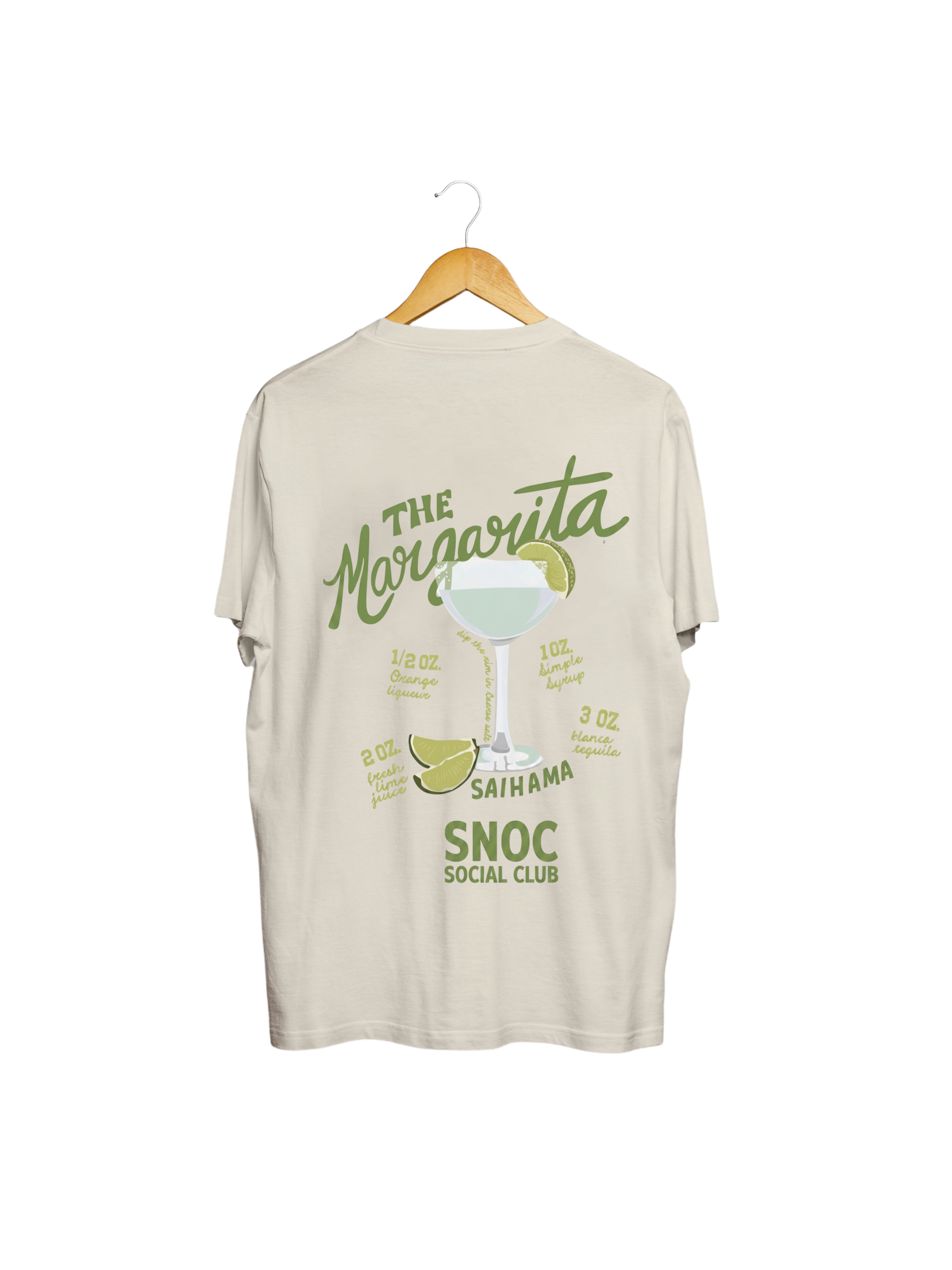 Camiseta Margarita SNOC color Arena, vista trasera con el diseño The Margarita, fondo transparente