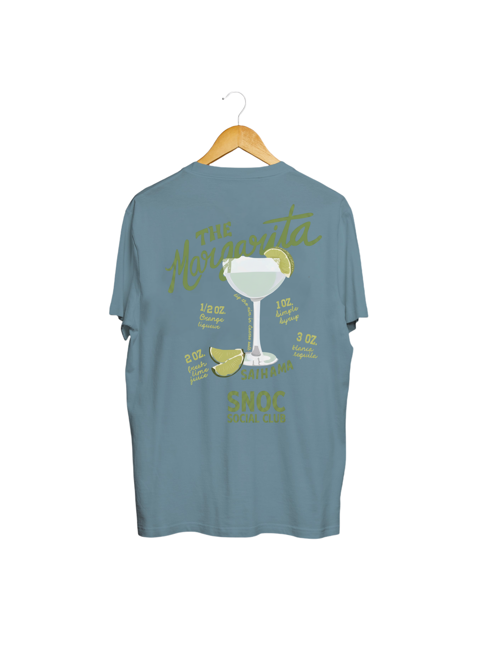 Camiseta Margarita SNOC color Azul Denim, vista trasera con el diseño The Margarita, fondo transparente