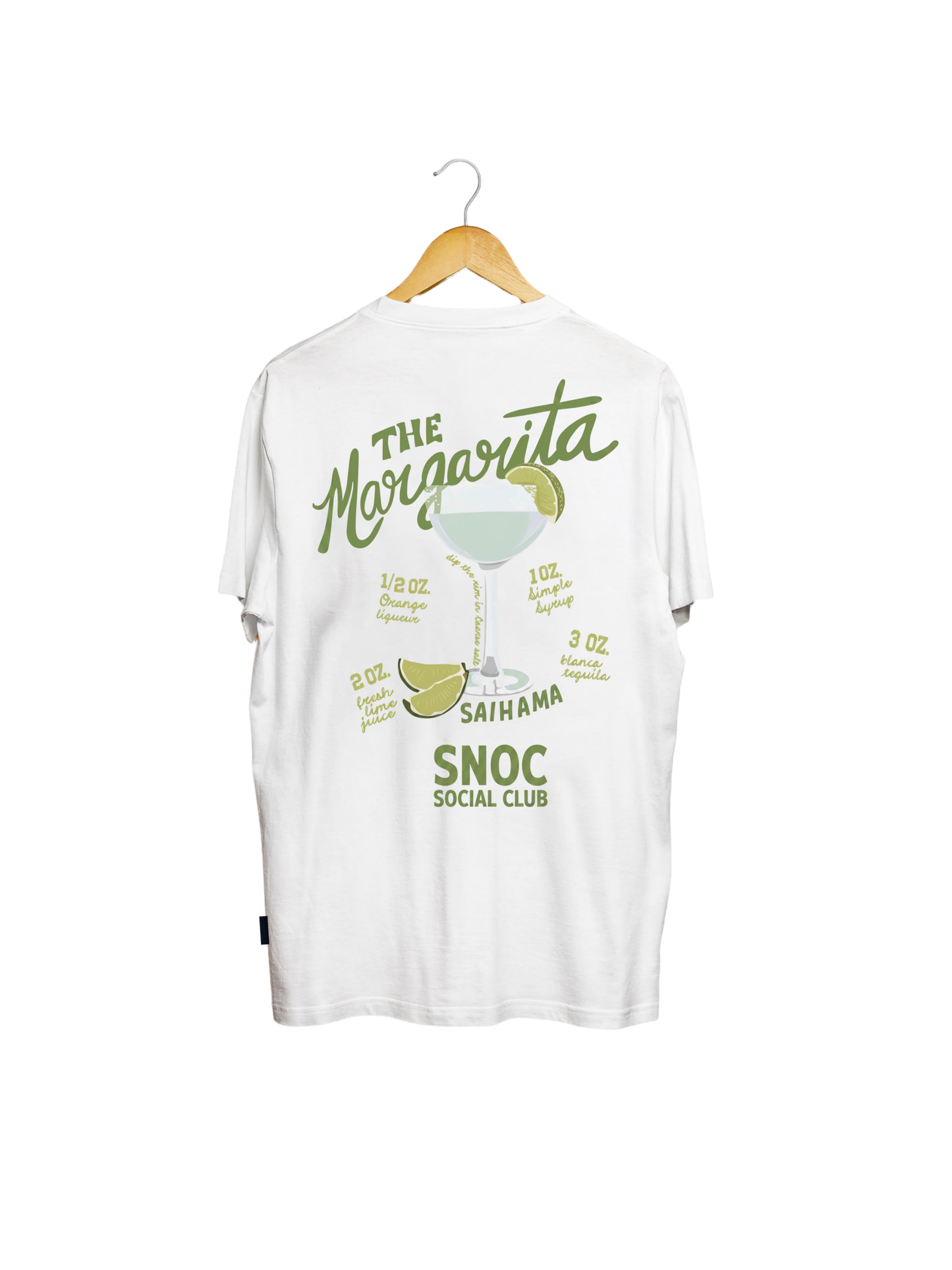 Camiseta Margarita SNOC color Blanco, vista trasera con el diseño The Margarita, fondo transparente