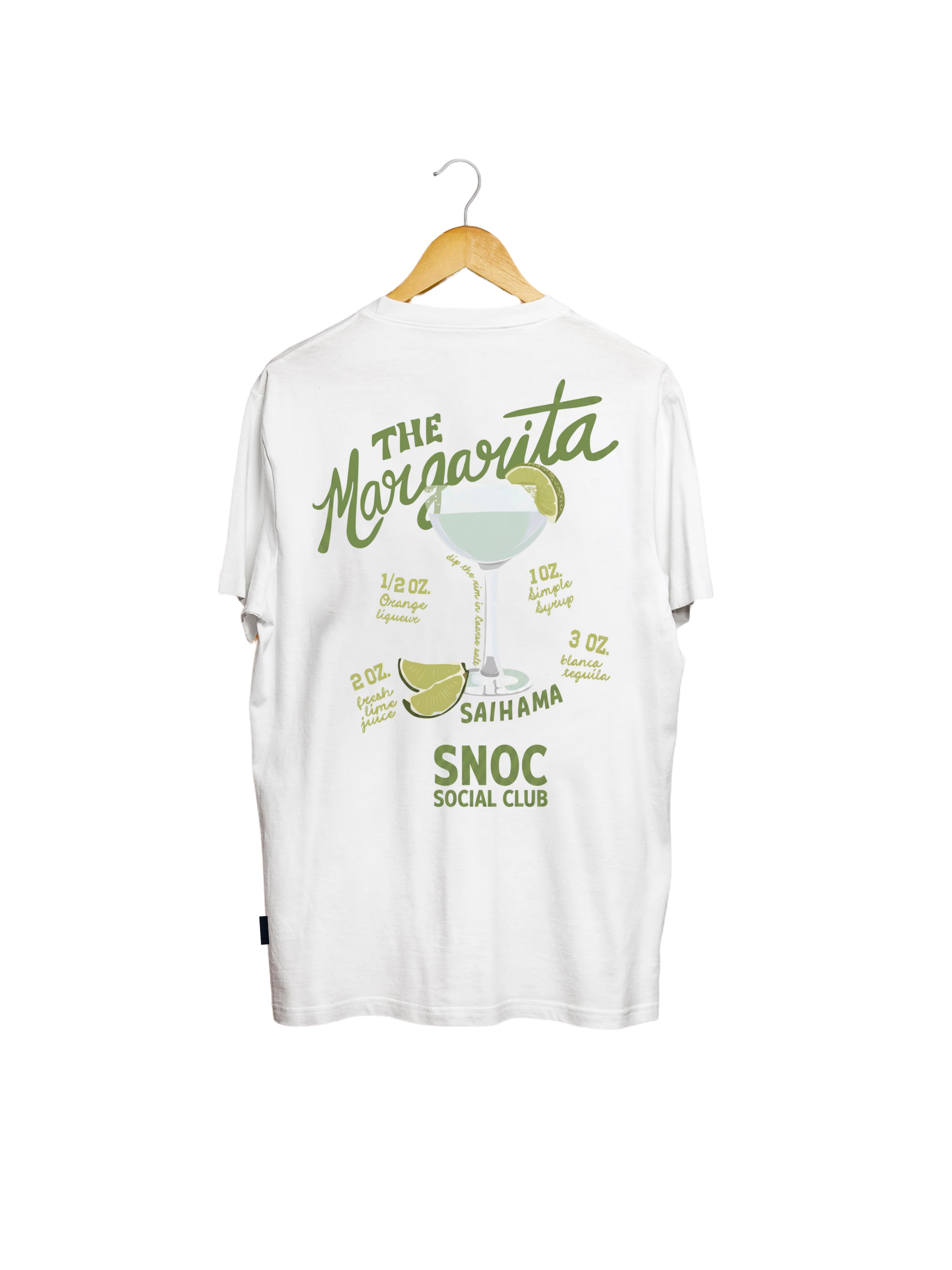 Camiseta Margarita SNOC color Blanco, vista trasera con el diseño The Margarita, fondo transparente