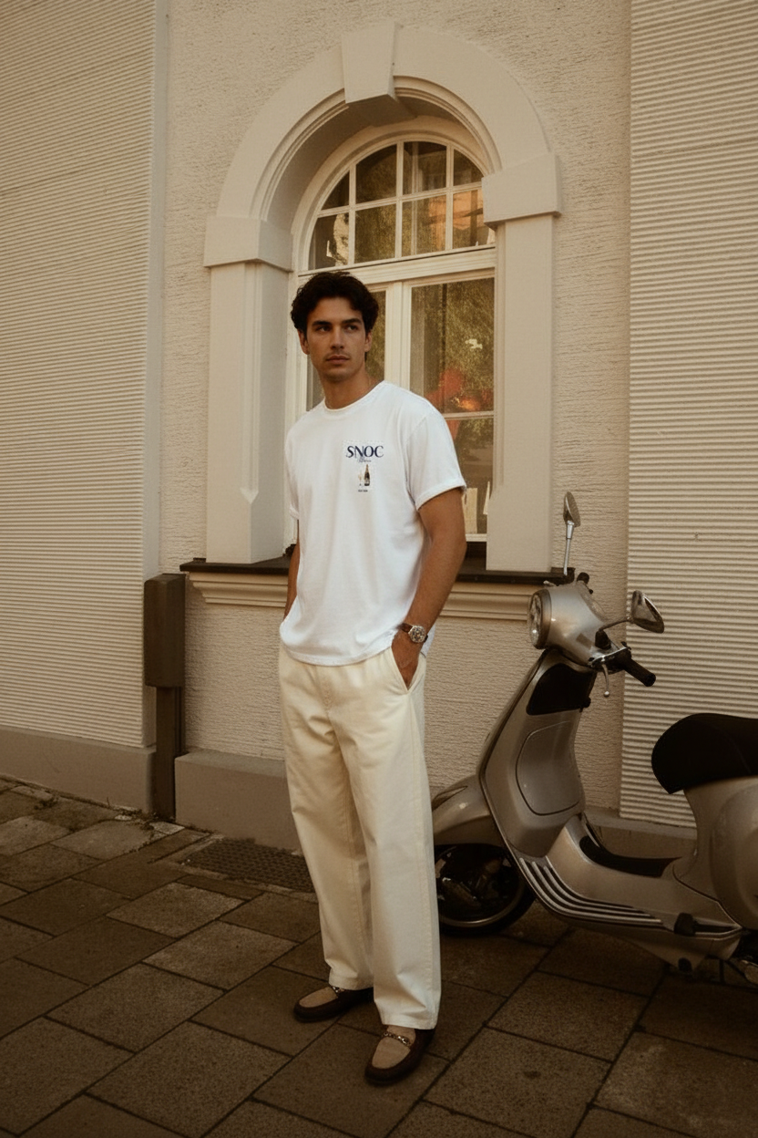 Chico con la camiseta Old Wine de SNOC en blanco, vista frontal con el sello SNOC Wine en el pecho, en la calle junto a una Vespa