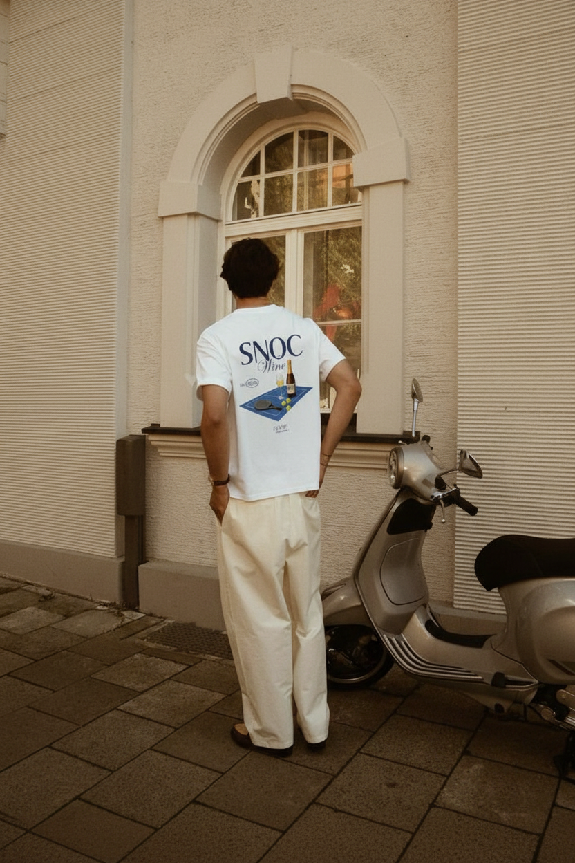 Camiseta Old Wine de SNOC en blanco, vista trasera con el estampado de pista de pádel y vino, llevada en la calle junto a una Vespa