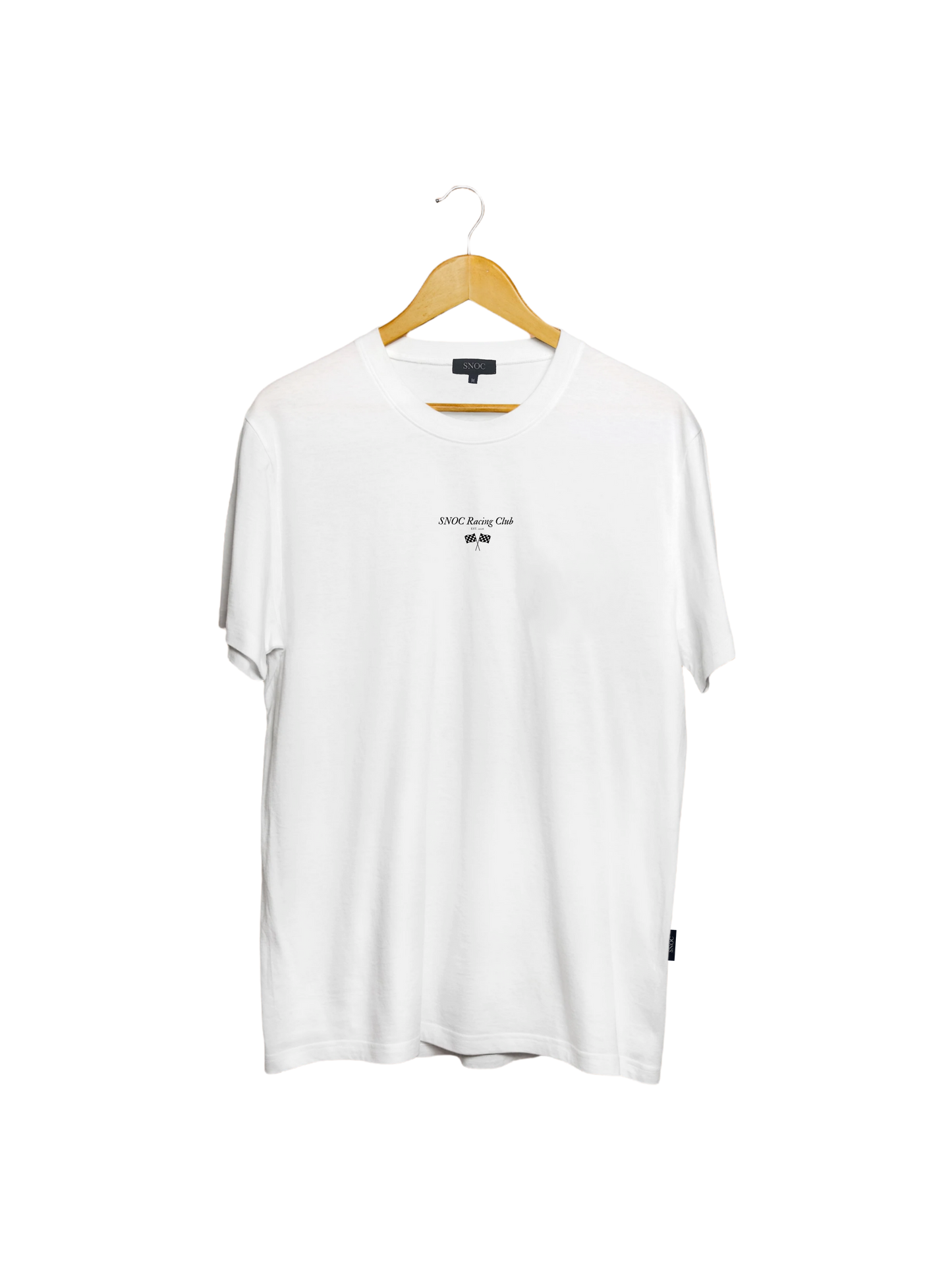 Camiseta Racing Club SNOC color Blanco, vista frontal con el print SNOC Racing Club, fondo transparente