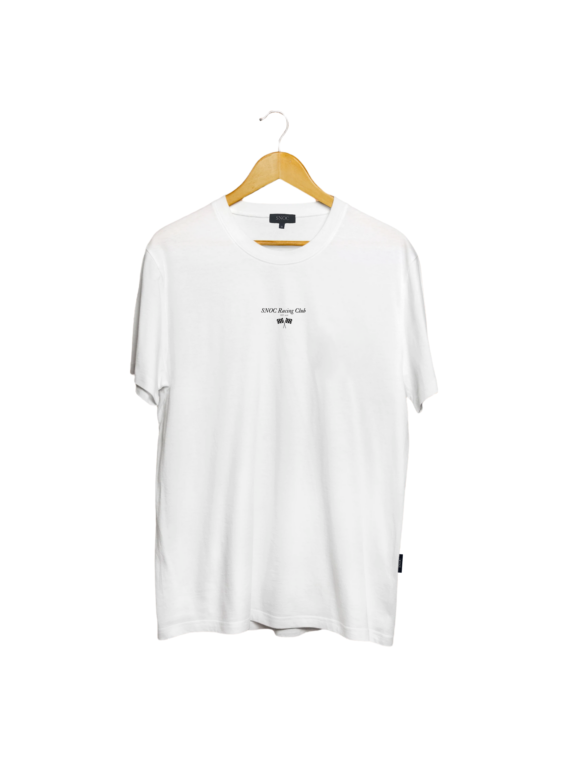 Camiseta Racing Club SNOC color Blanco, vista frontal con el print SNOC Racing Club, fondo transparente