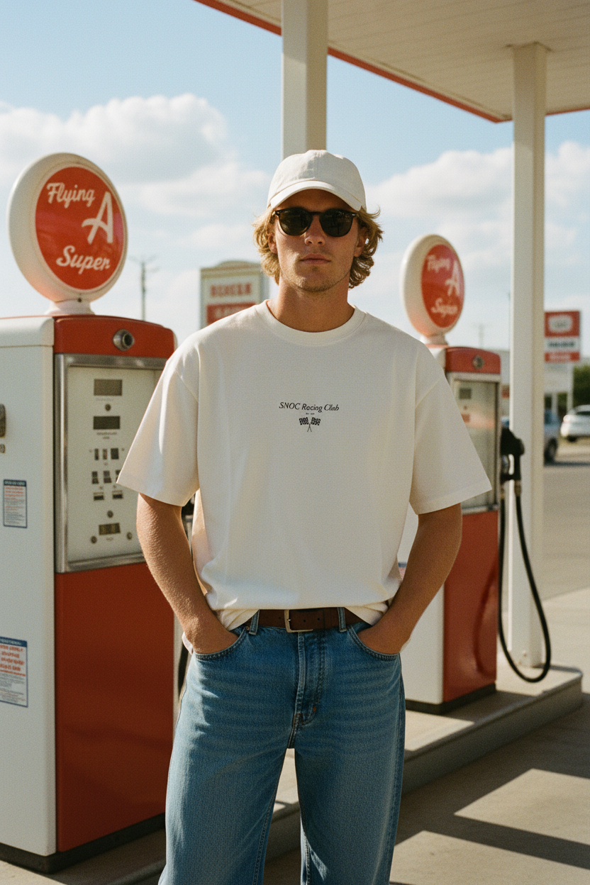 Camiseta Racing Club SNOC color Arena, foto lifestyle en gasolinera vintage con el print centrado