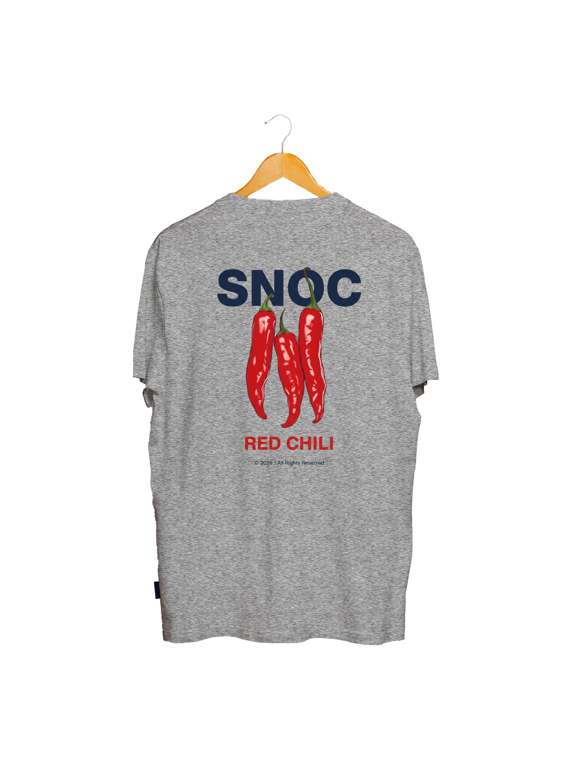 Camiseta Red Chili SNOC gris claro, vista trasera con las tres guindillas rojas, fondo transparente