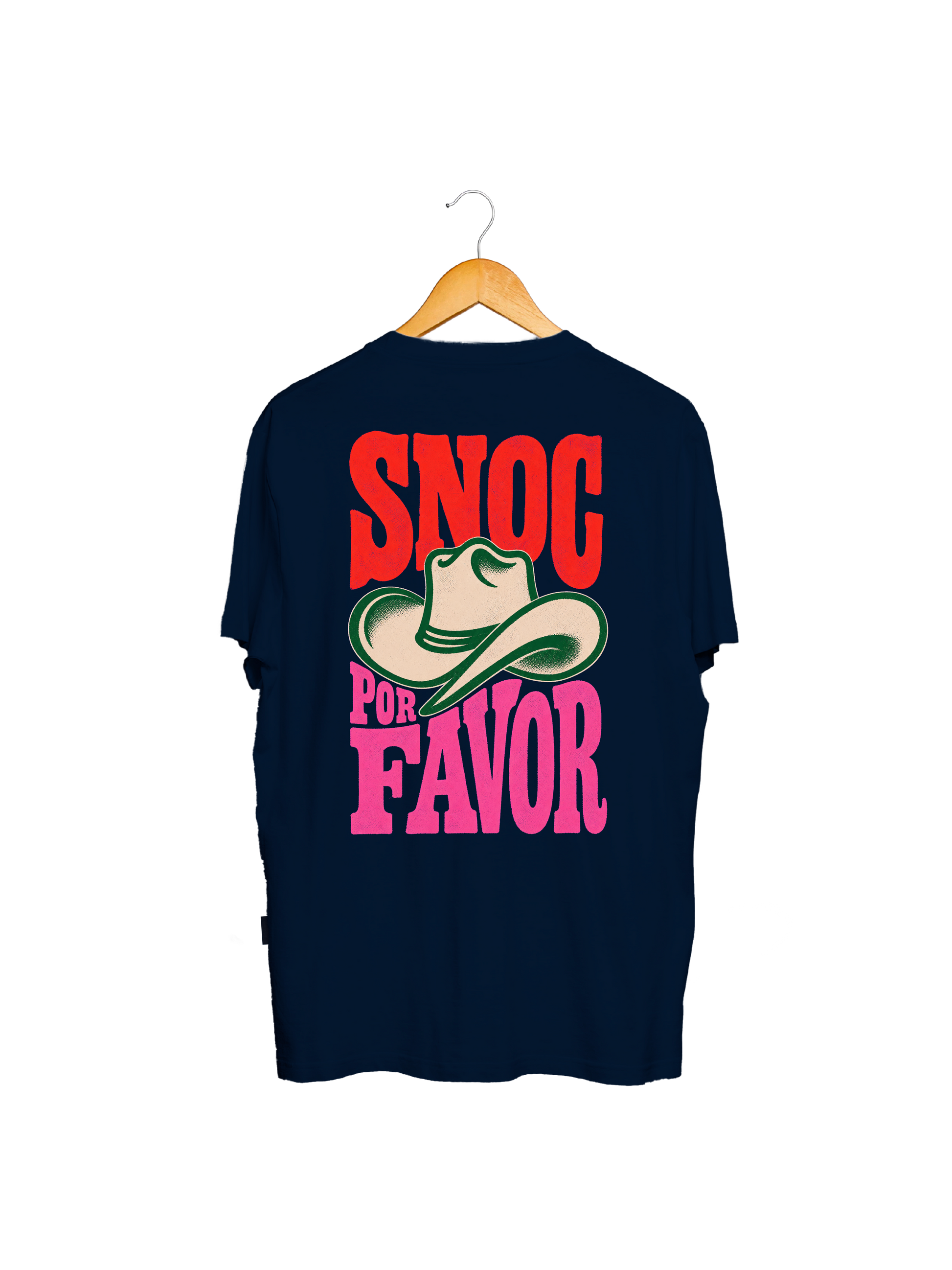 Camiseta SNOC Por Favor azul marino, vista trasera con el sombrero vaquero, fondo transparente