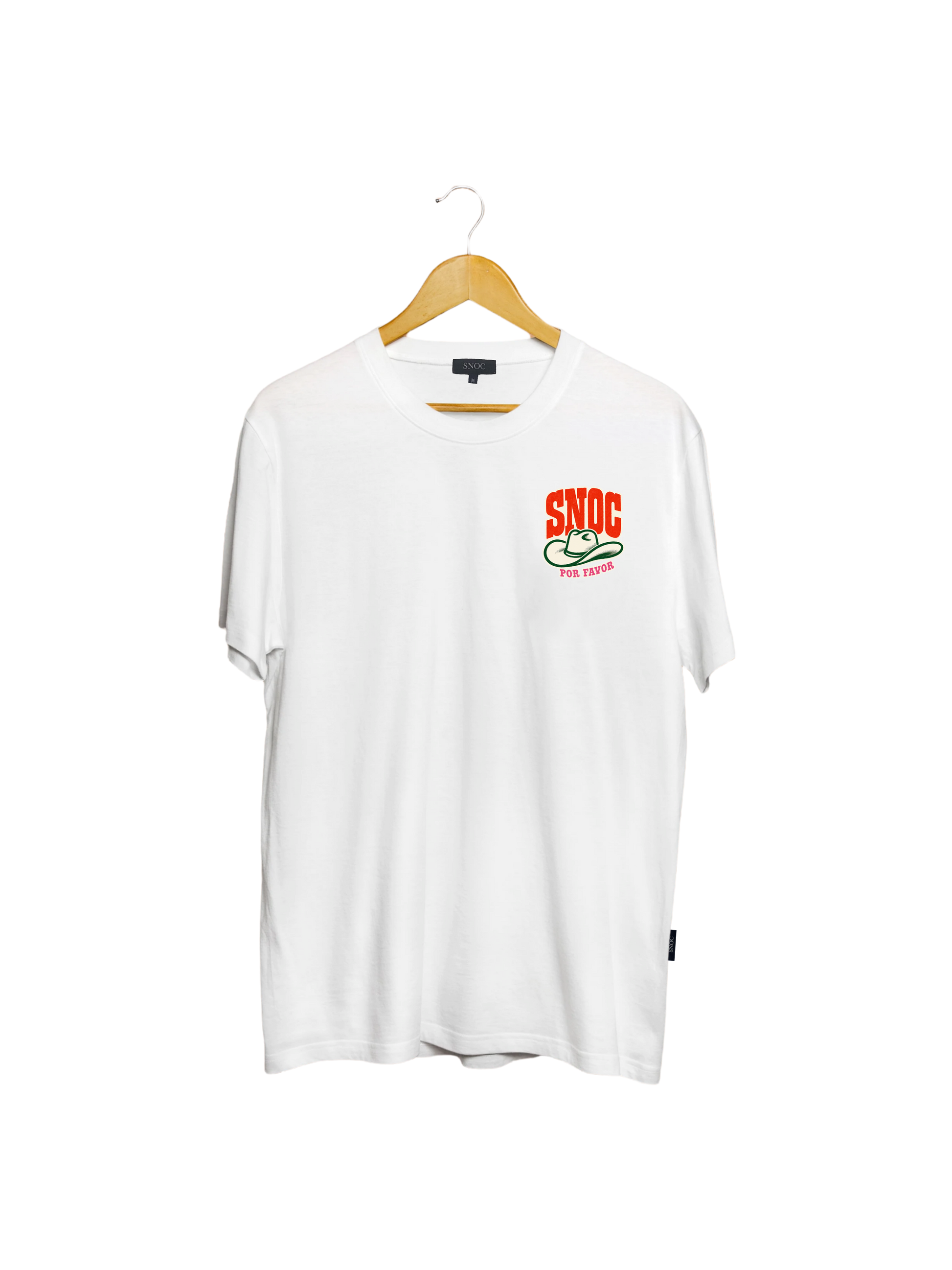 Camiseta SNOC Por Favor blanca, vista frontal, fondo transparente