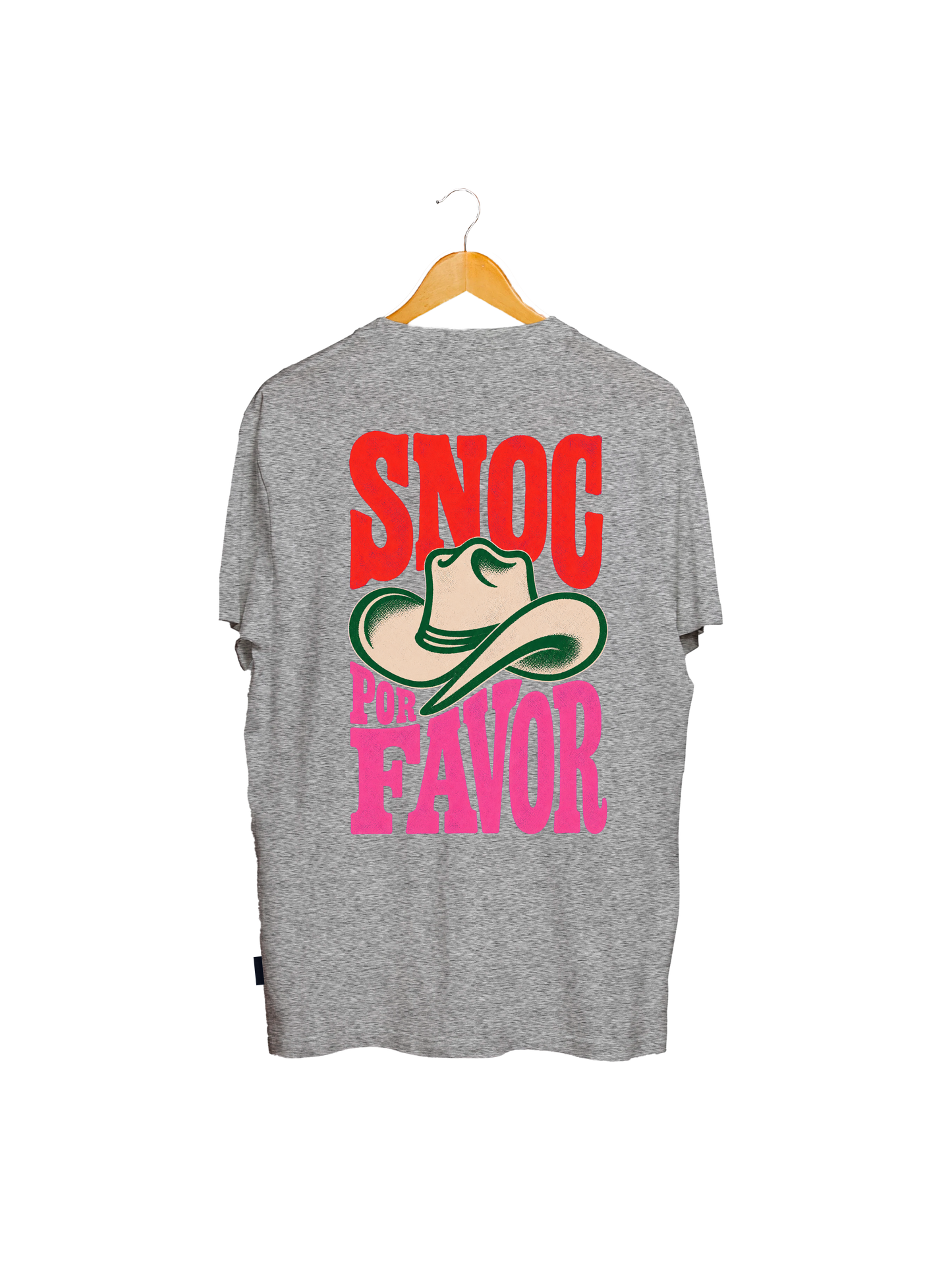 Camiseta SNOC Por Favor gris claro, vista trasera con el sombrero vaquero, fondo transparente