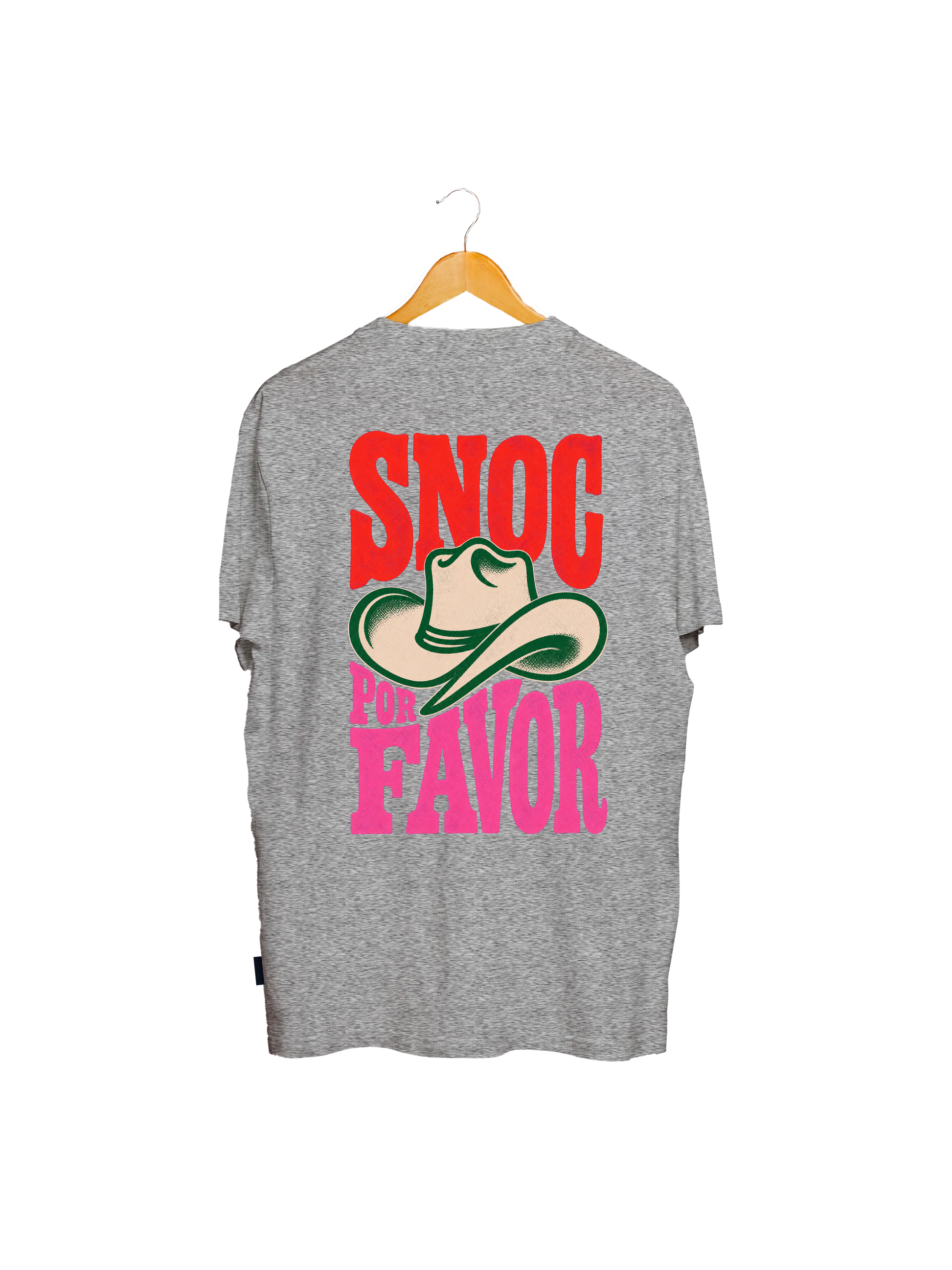 Camiseta SNOC Por Favor gris claro, vista trasera con el sombrero vaquero, fondo transparente