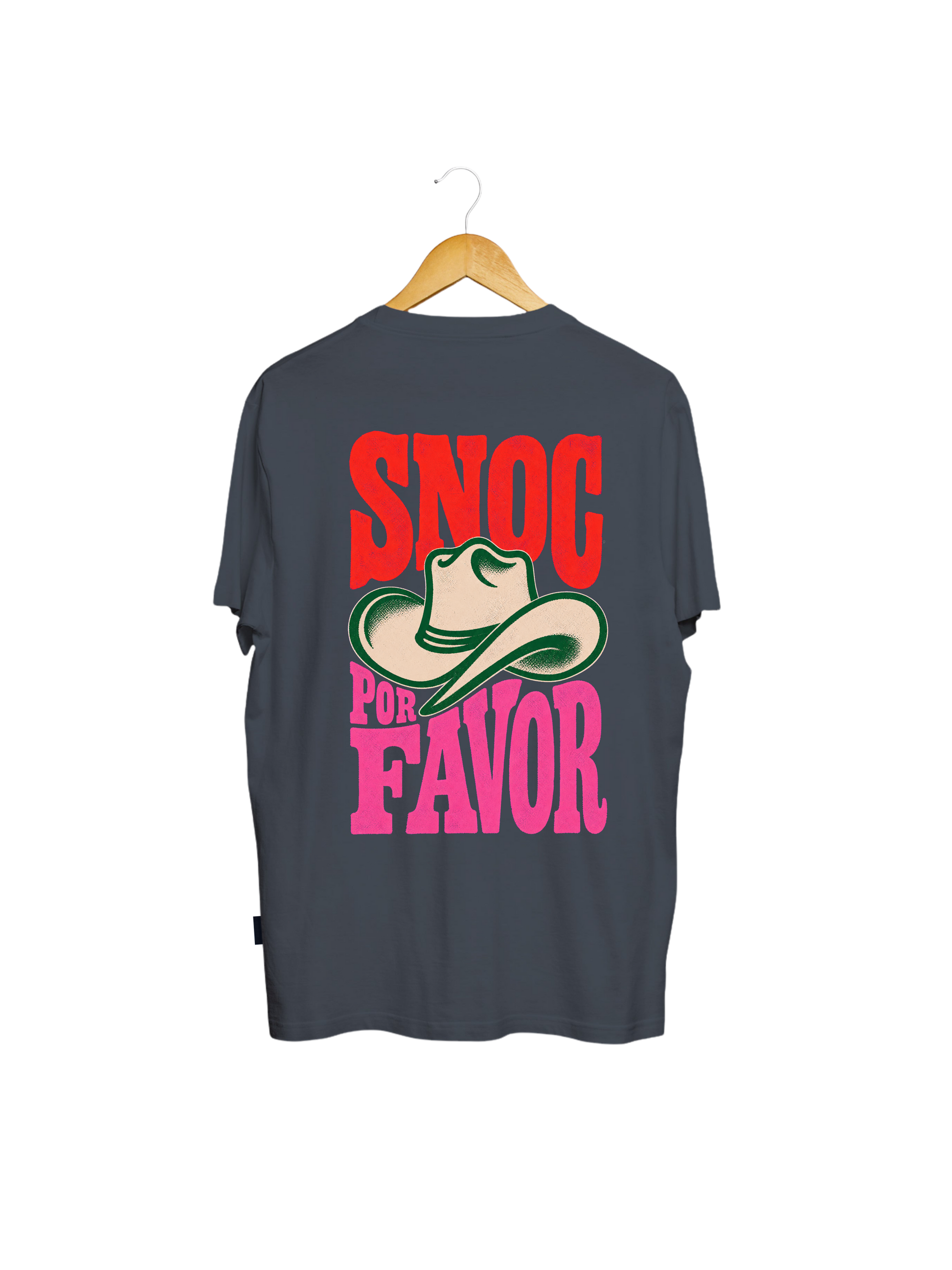 Camiseta SNOC Por Favor gris oscuro, vista trasera con el sombrero vaquero, fondo transparente