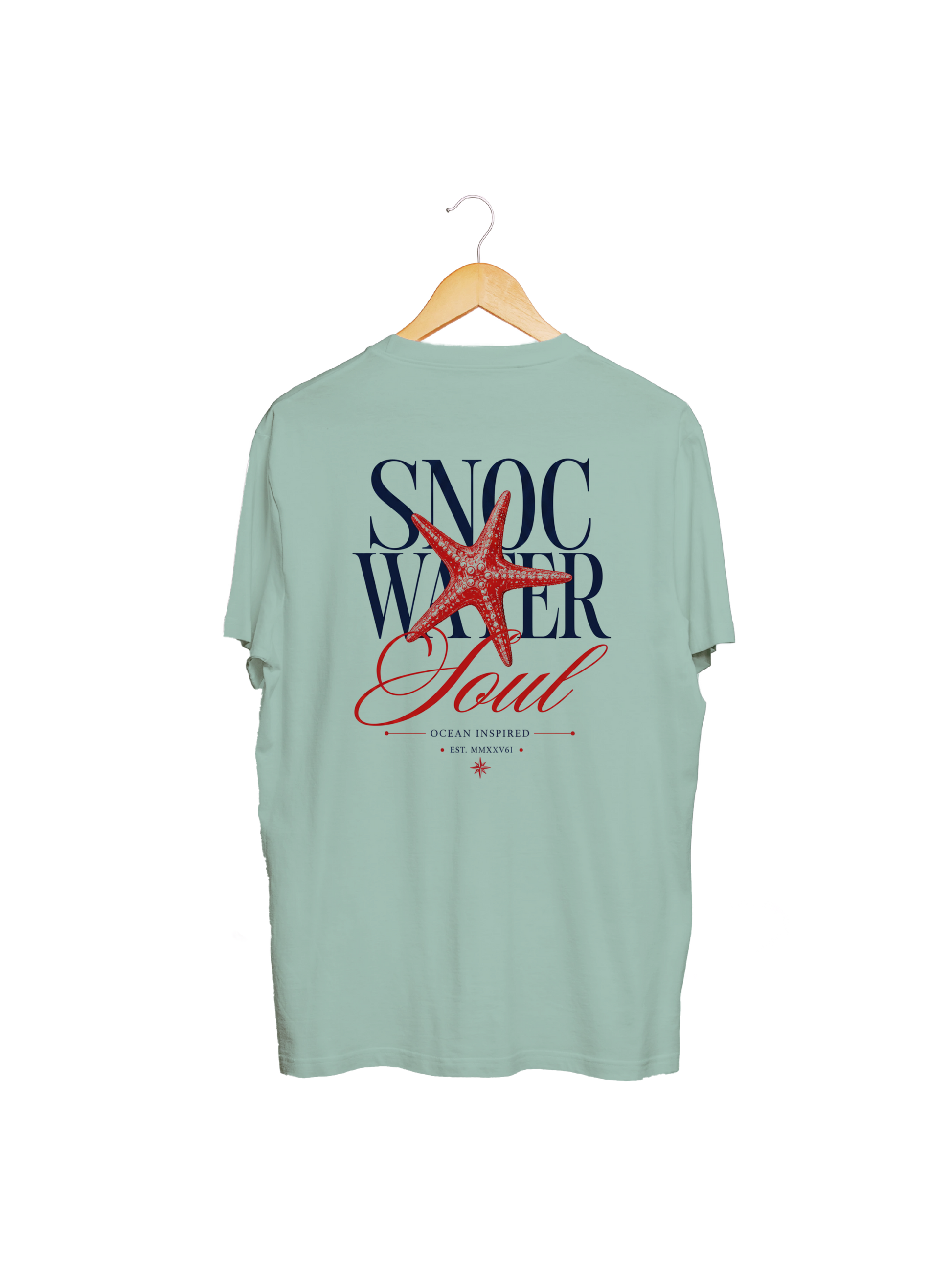 Camiseta SNOC Soul color Aguamarina, vista trasera con el diseño Water Soul, fondo transparente
