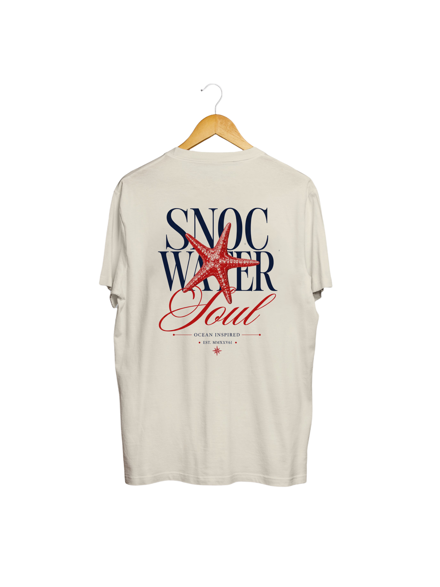 Camiseta SNOC Soul color Arena, vista trasera con el diseño Water Soul, fondo transparente