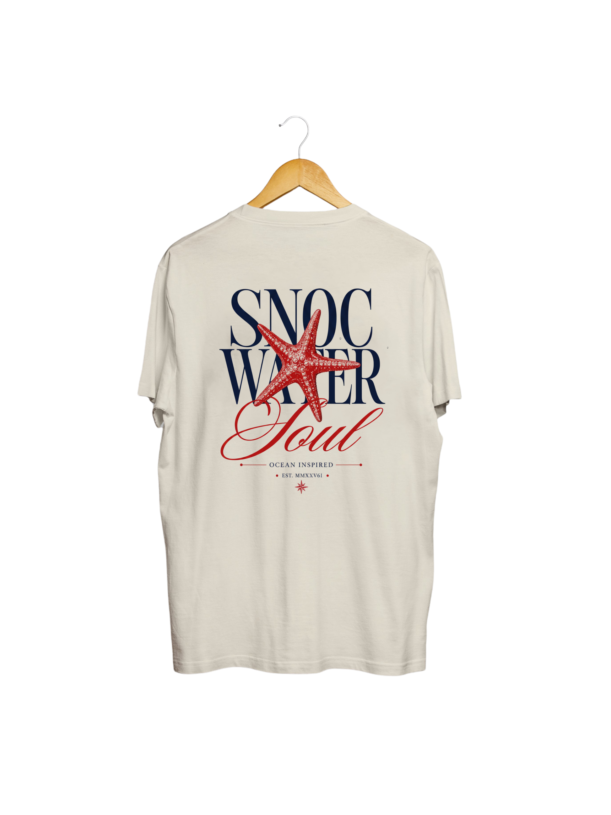 Camiseta SNOC Soul color Arena, vista trasera con el diseño Water Soul, fondo transparente