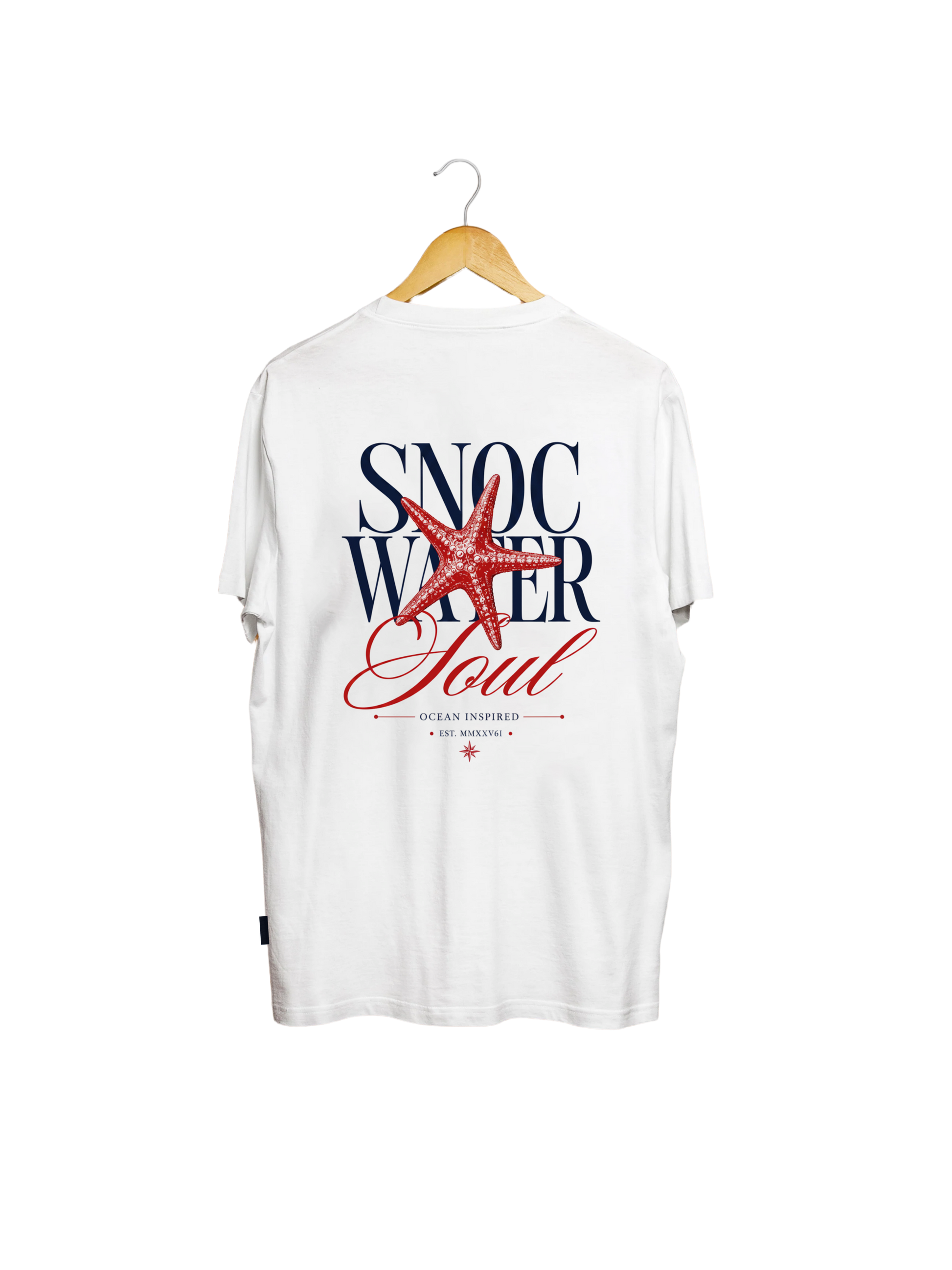 Camiseta SNOC Soul color Blanco, vista trasera con el diseño Water Soul, fondo transparente