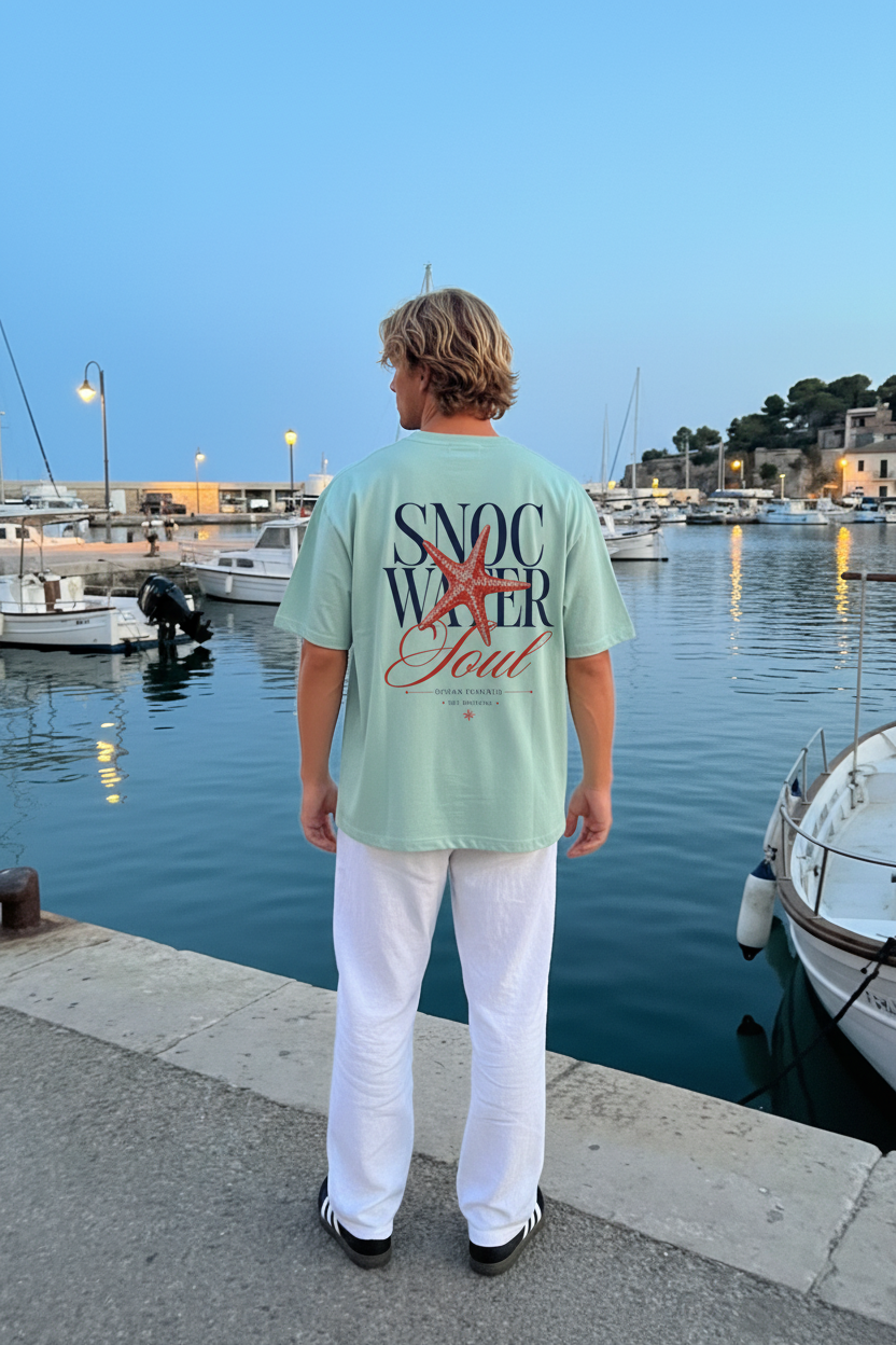 Camiseta SNOC Soul color Aguamarina, foto lifestyle en puerto mediterráneo, vista trasera con el diseño Water Soul