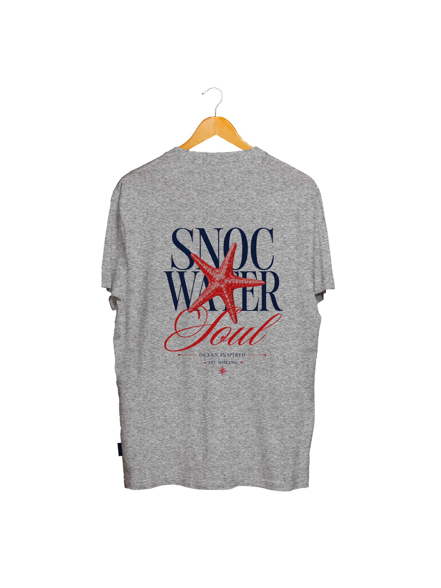 Camiseta SNOC Soul color Gris Claro, vista trasera con el diseño Water Soul, fondo transparente