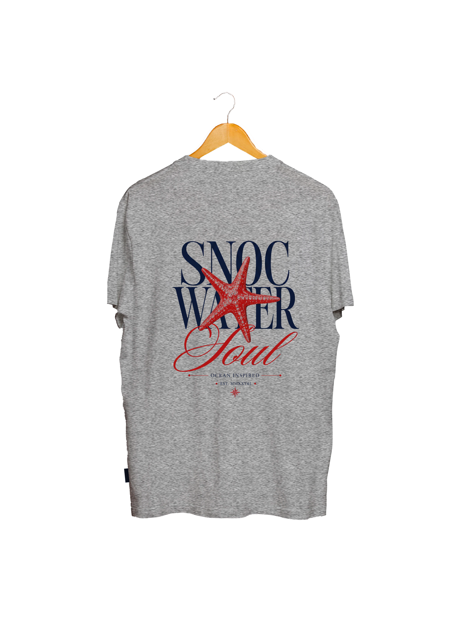 Camiseta SNOC Soul color Gris Claro, vista trasera con el diseño Water Soul, fondo transparente