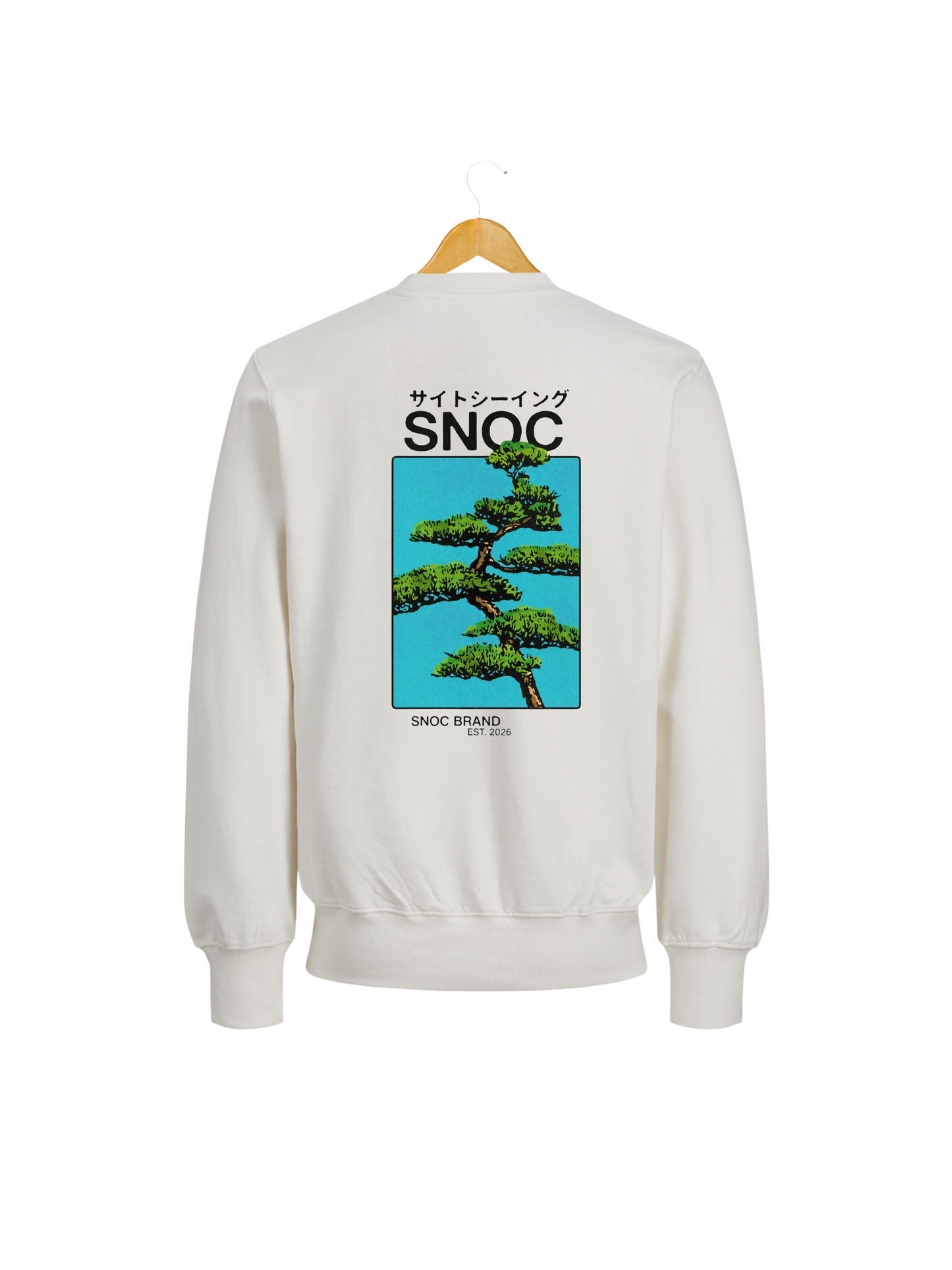 Sudadera Bonsai SNOC color arena, vista trasera con el arbol bonsai, fondo transparente