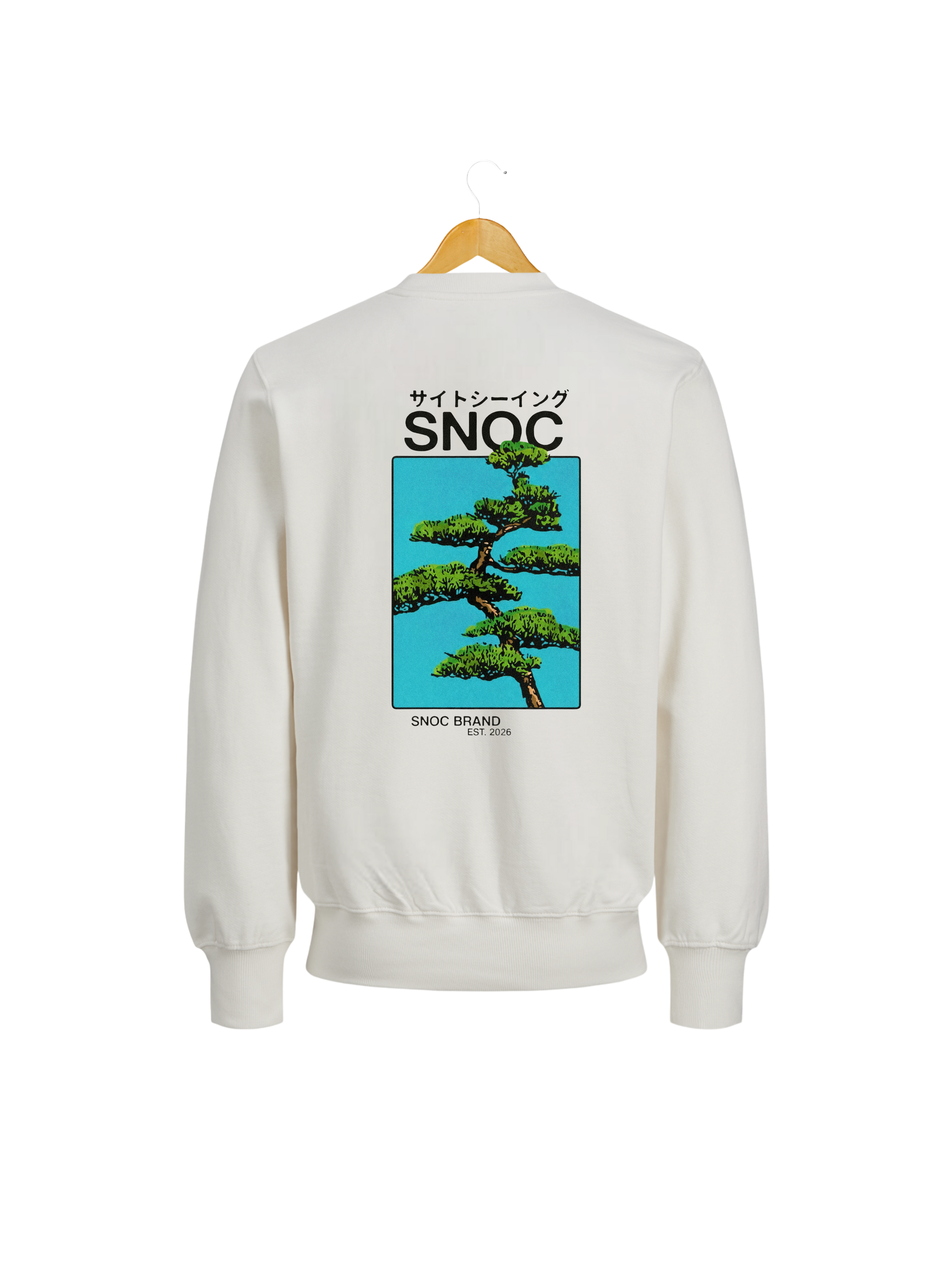 Sudadera Bonsai SNOC color arena, vista trasera con el arbol bonsai, fondo transparente