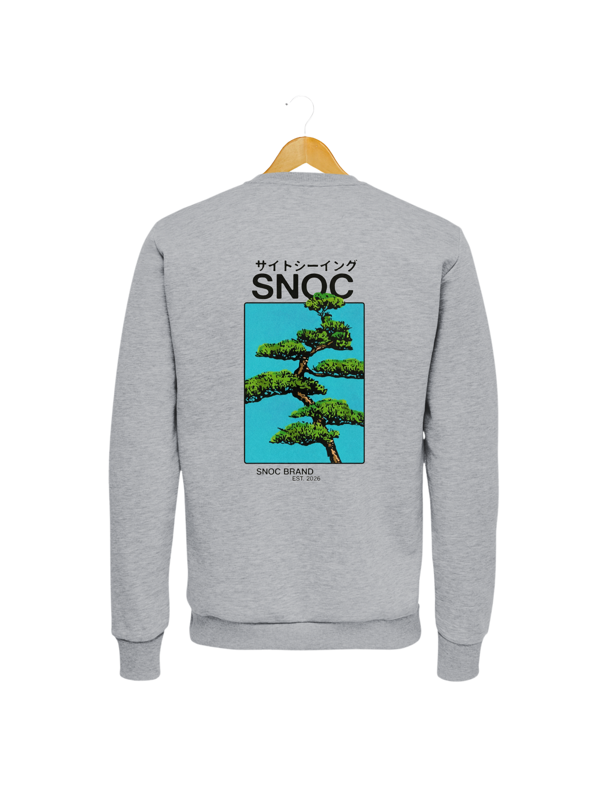 Sudadera Bonsai SNOC gris claro, vista trasera con el arbol bonsai, fondo transparente