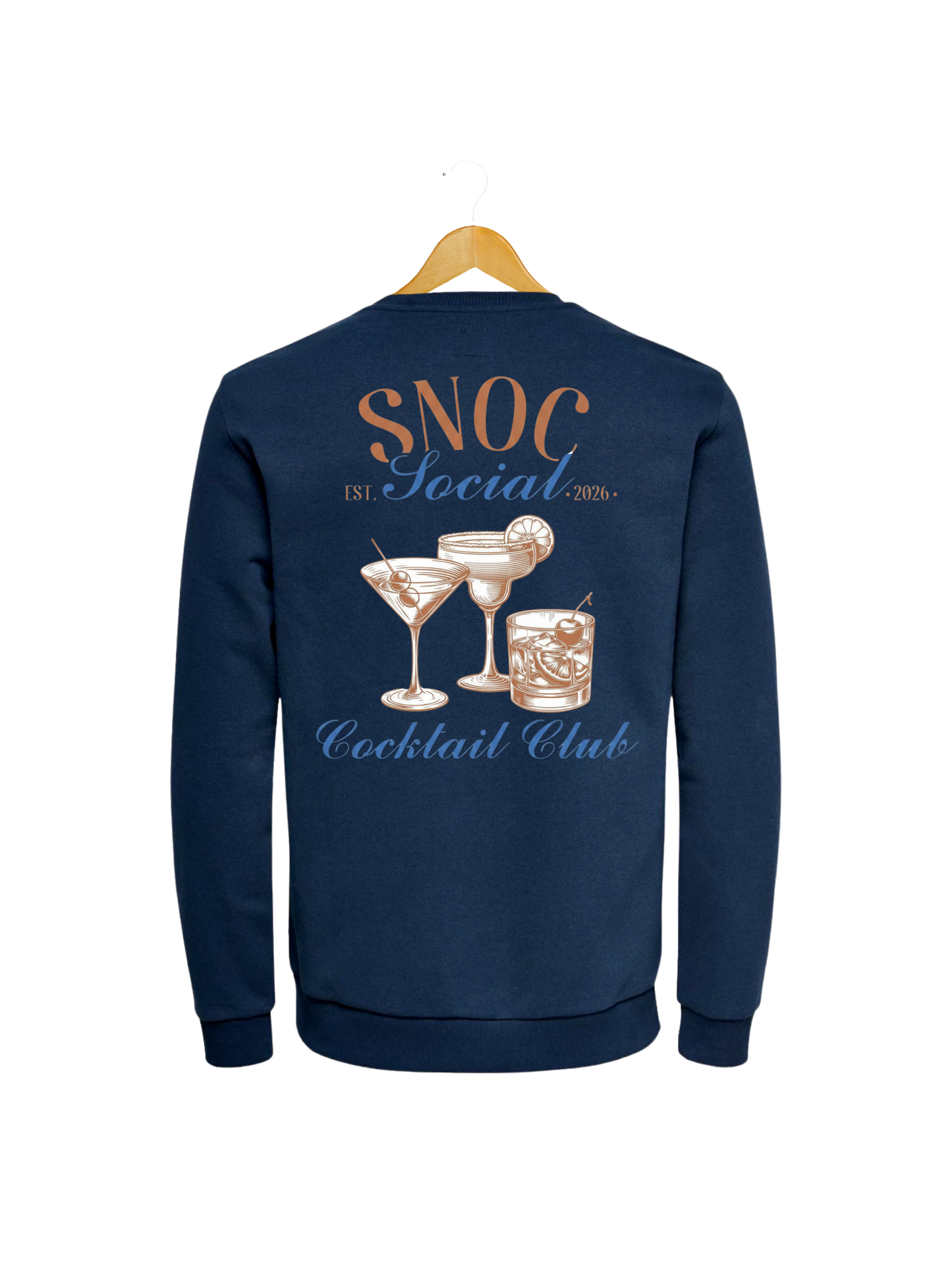 Sudadera Cocktail Club SNOC color Azul Marino, vista trasera con el diseño Cocktail Club, fondo transparente