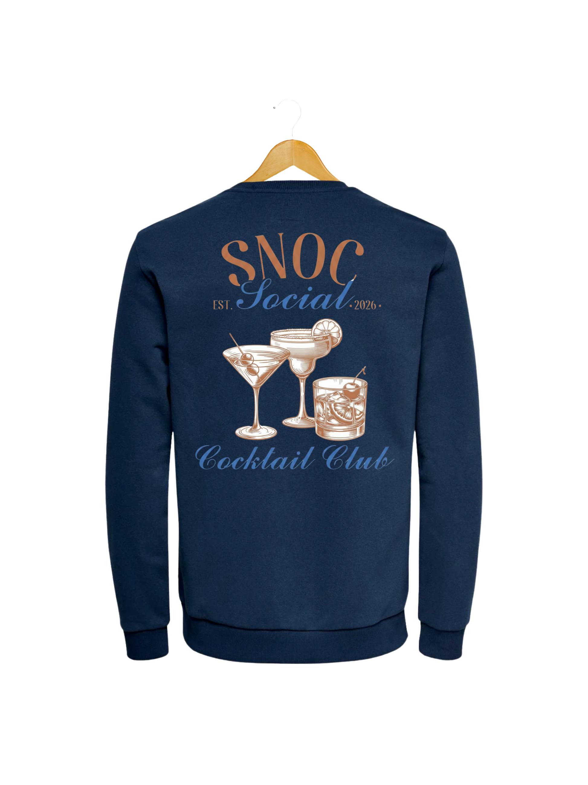 Sudadera Cocktail Club SNOC color Azul Marino, vista trasera con el diseño Cocktail Club, fondo transparente