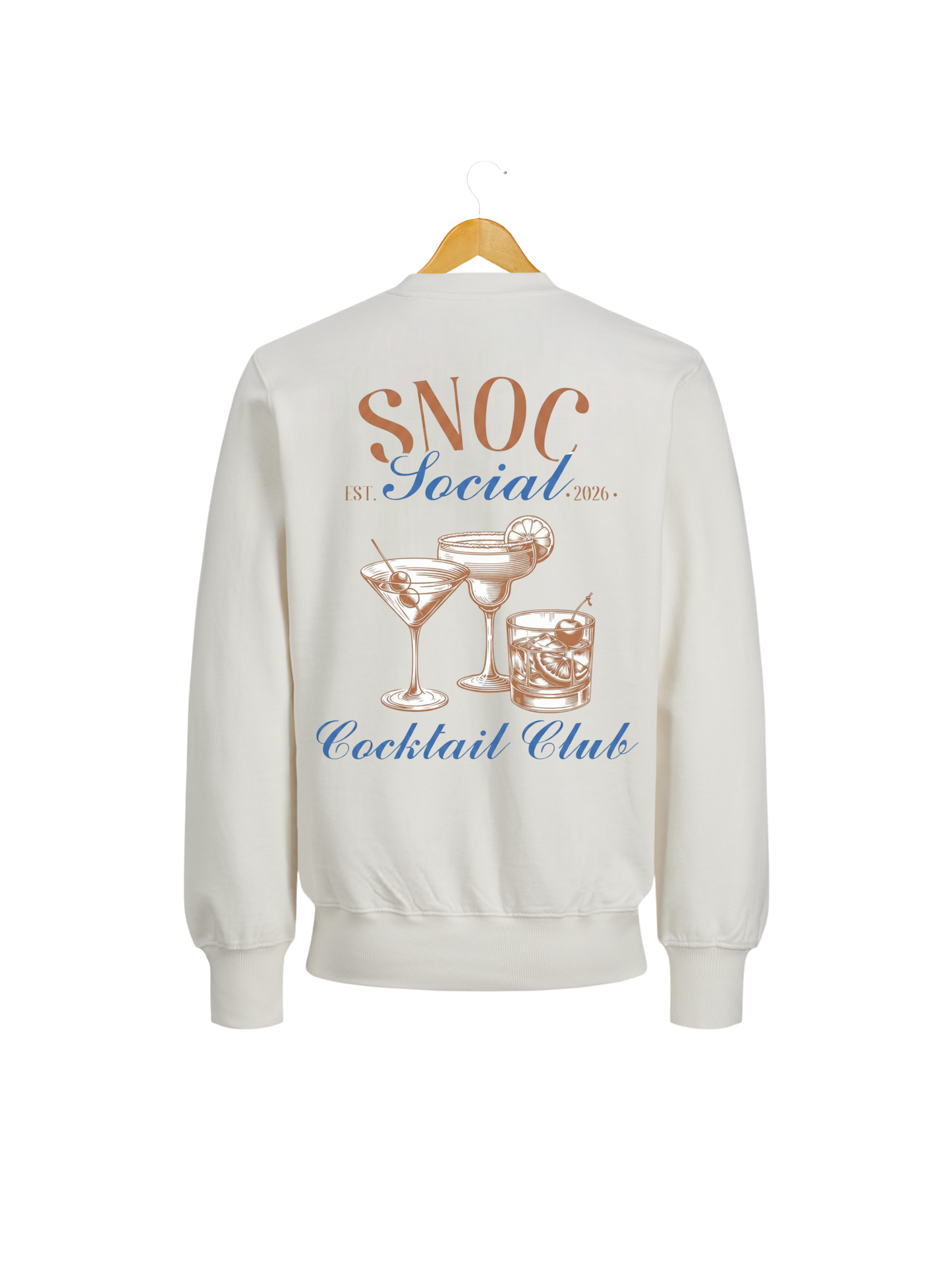 Sudadera Cocktail Club SNOC color Blanco, vista trasera con el diseño Cocktail Club, fondo transparente