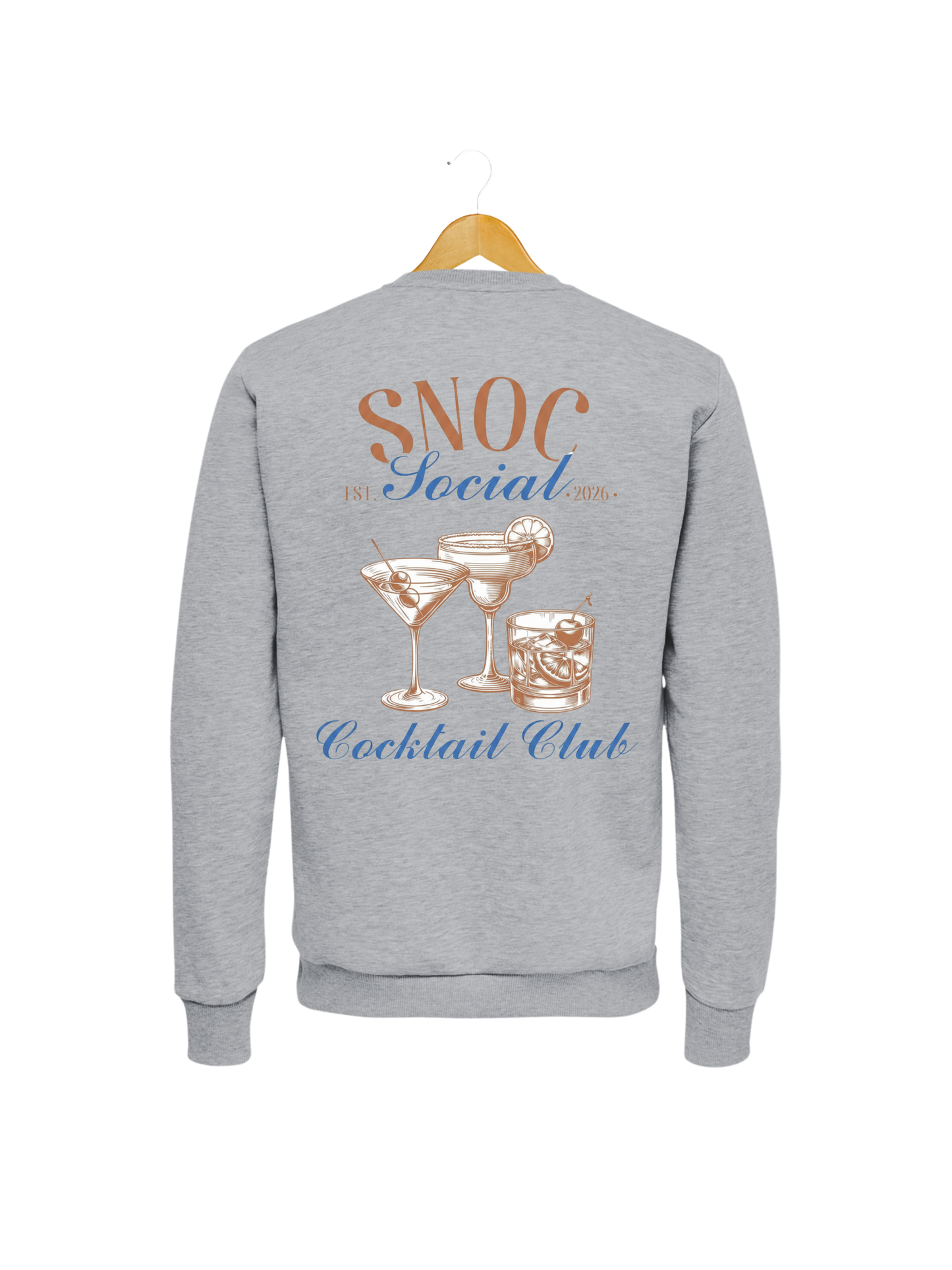 Sudadera Cocktail Club SNOC color Gris Claro, vista trasera con el diseño Cocktail Club, fondo transparente
