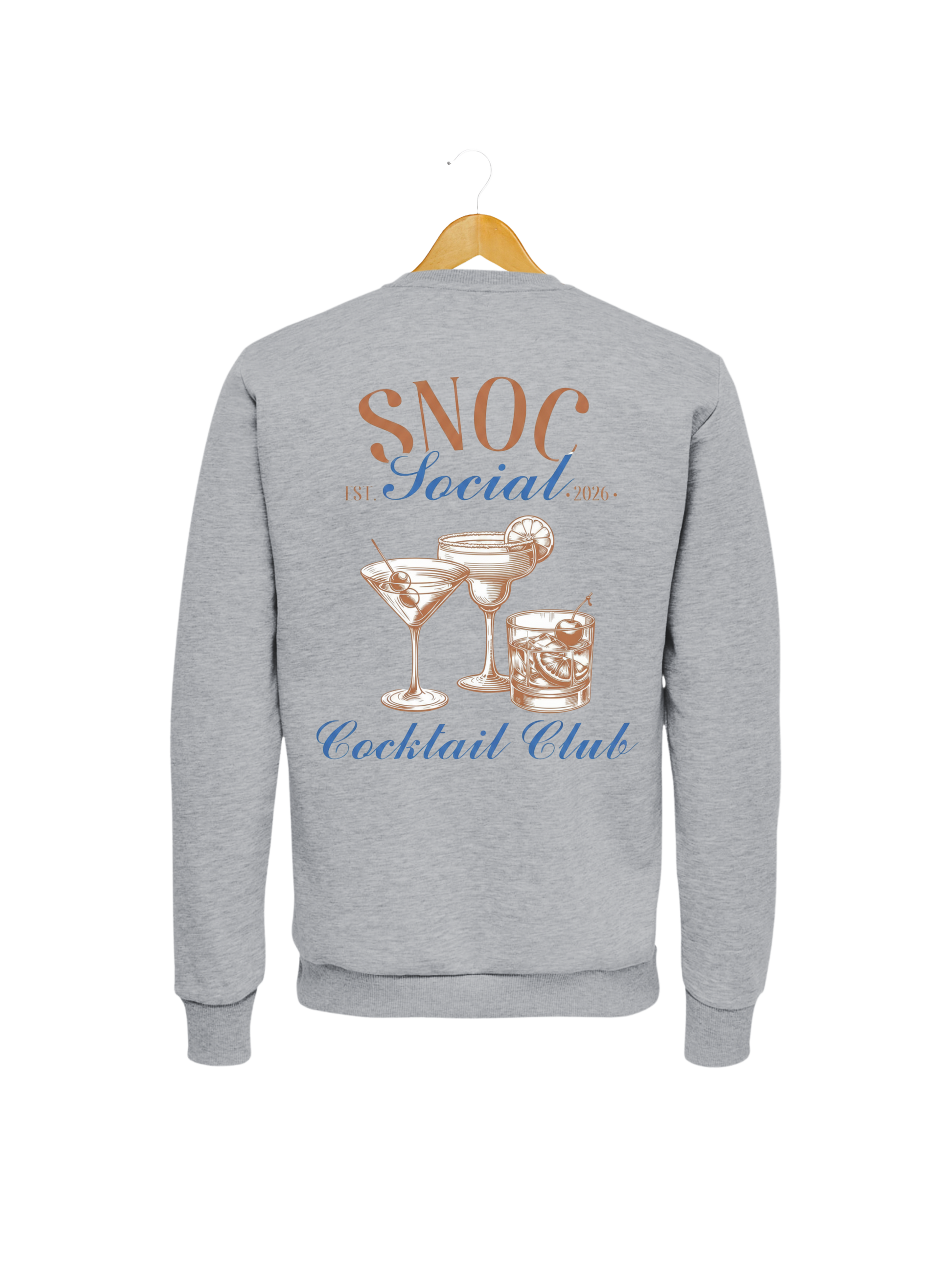 Sudadera Cocktail Club SNOC color Gris Claro, vista trasera con el diseño Cocktail Club, fondo transparente
