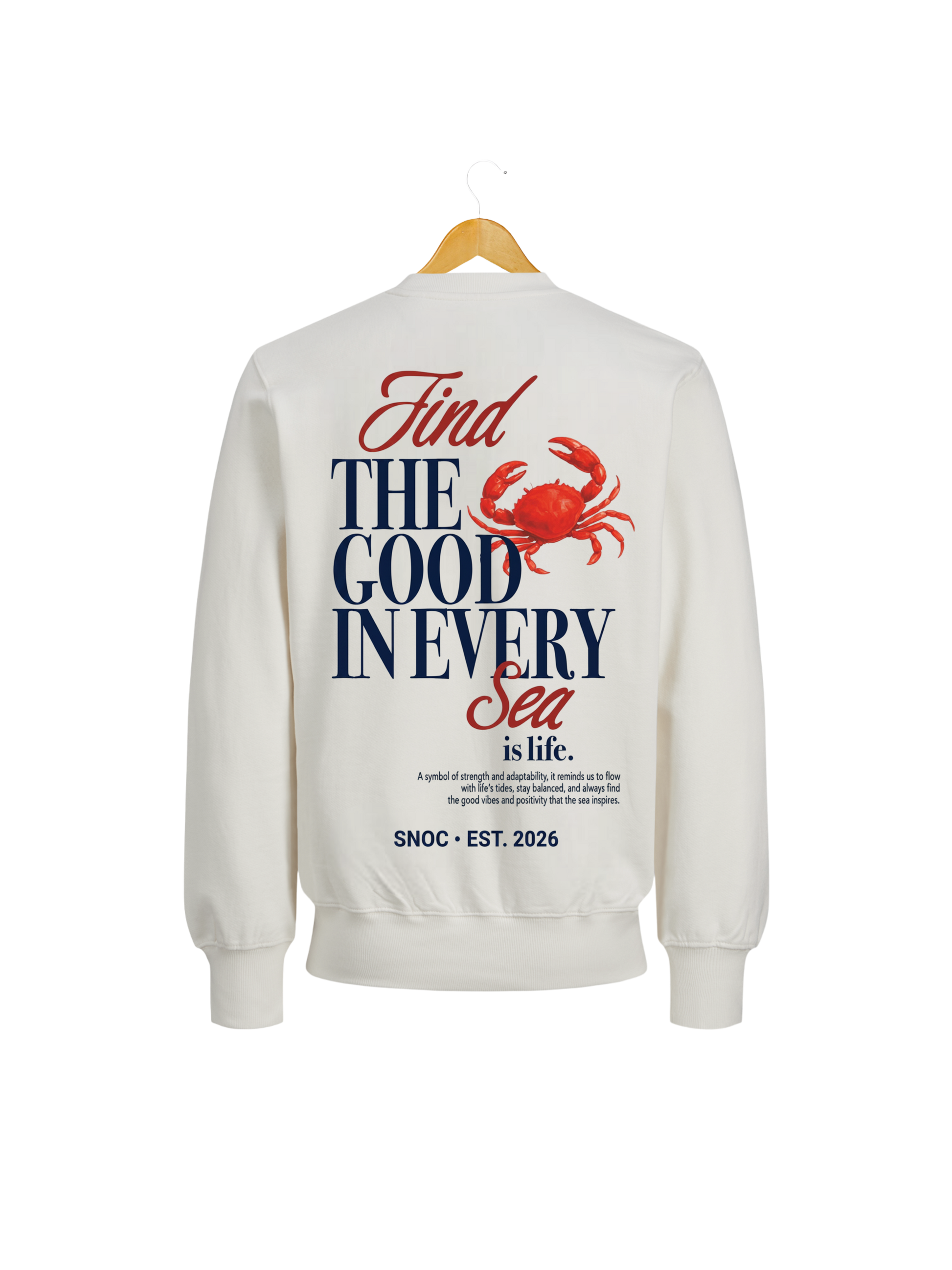 Sudadera Crab and Sea SNOC blanca, vista trasera con el cangrejo rojo, fondo transparente
