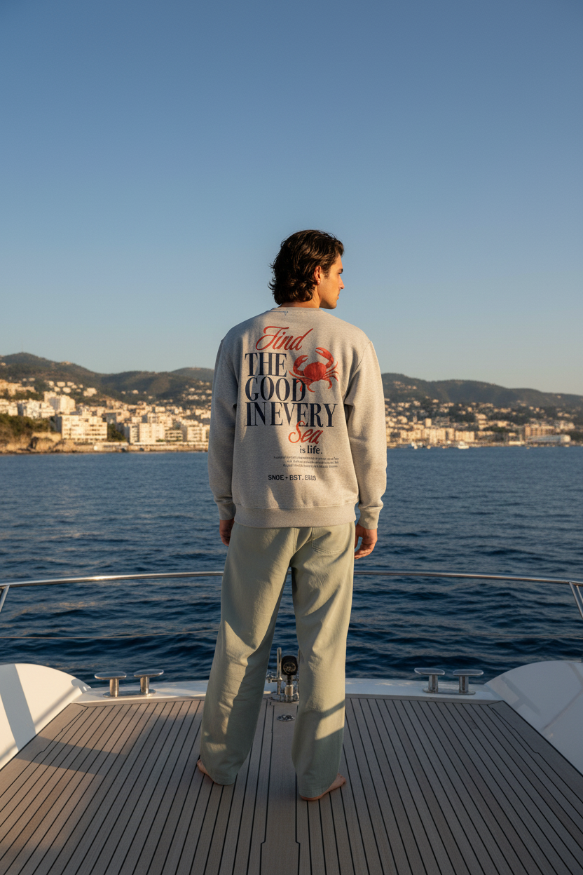 Sudadera Crab and Sea de SNOC vista por la espalda con el cangrejo rojo sobre el logo, junto a un yate