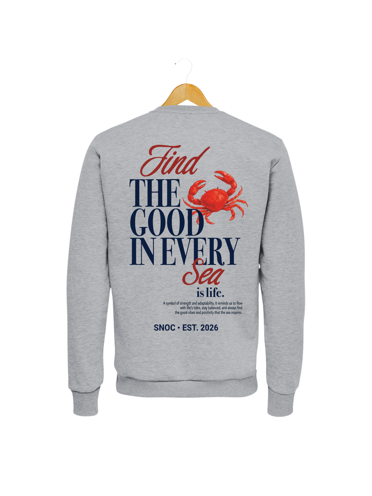 Sudadera Crab and Sea SNOC gris claro, vista trasera con el cangrejo rojo, fondo transparente