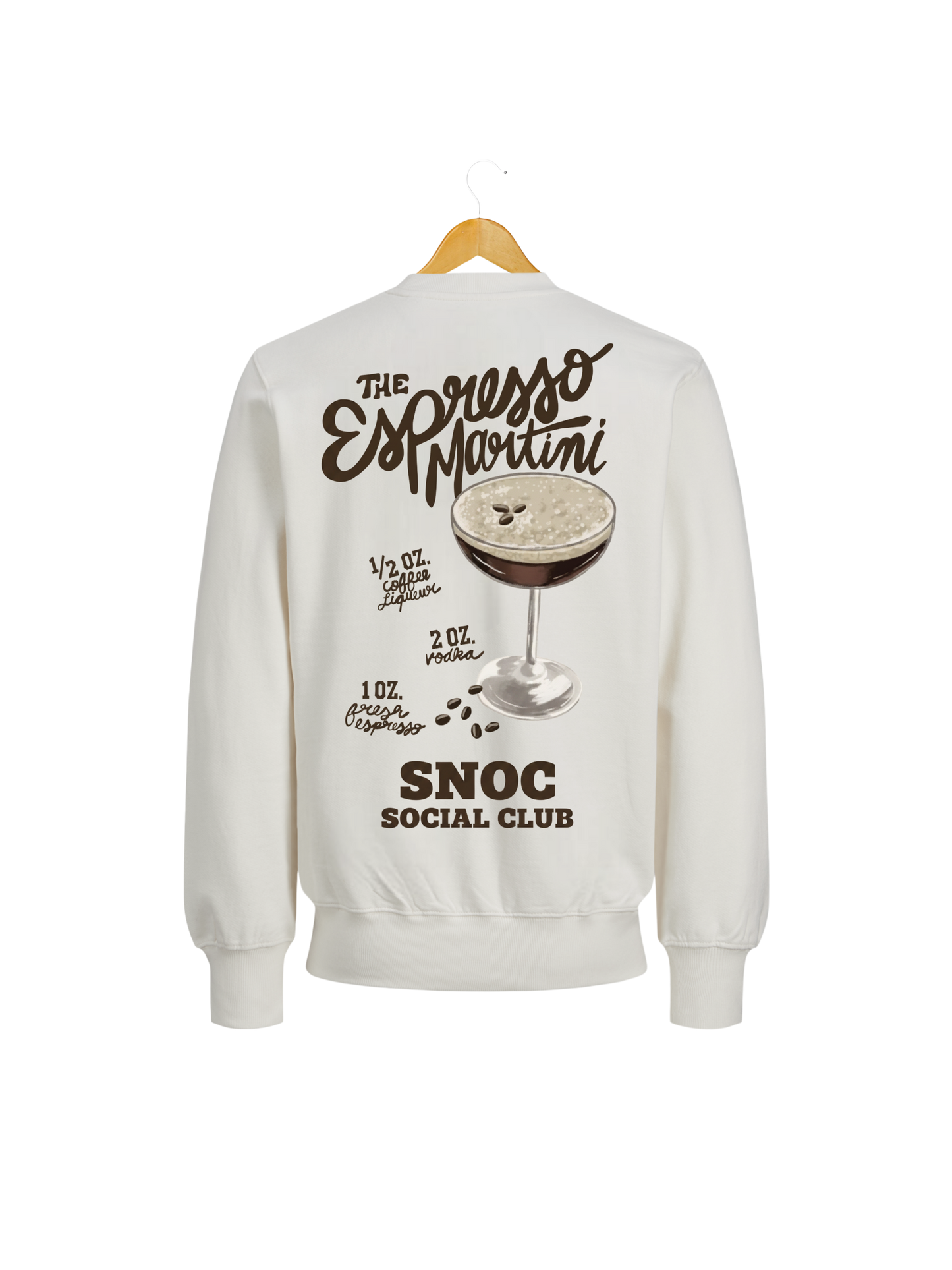 Sudadera Espresso Martini SNOC blanca, vista trasera con la receta del cóctel, fondo transparente